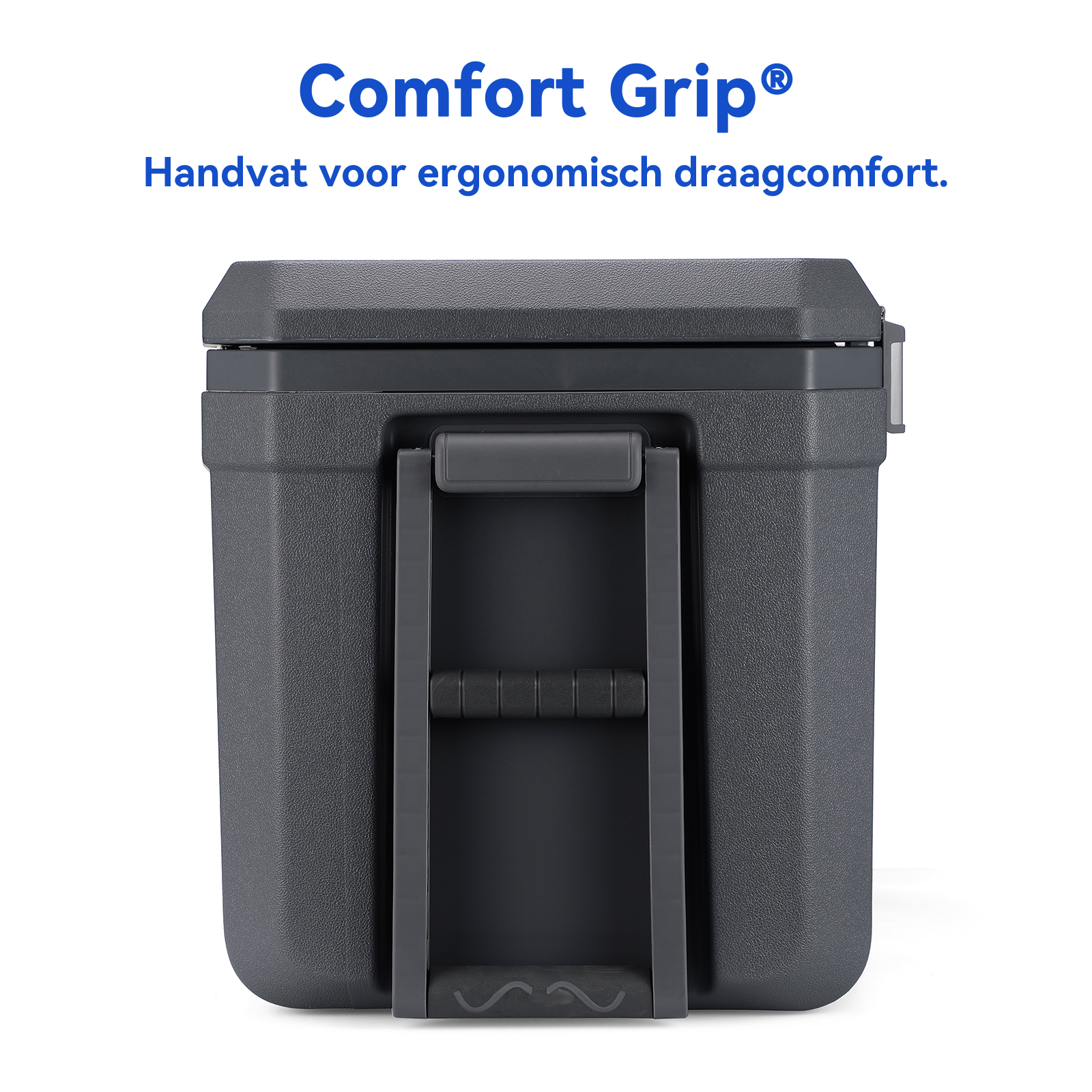 Donkergrijze doos met handvat. Tekst: 'Comfort Grip'. Het handvat is voor ergonomisch draagcomfort.