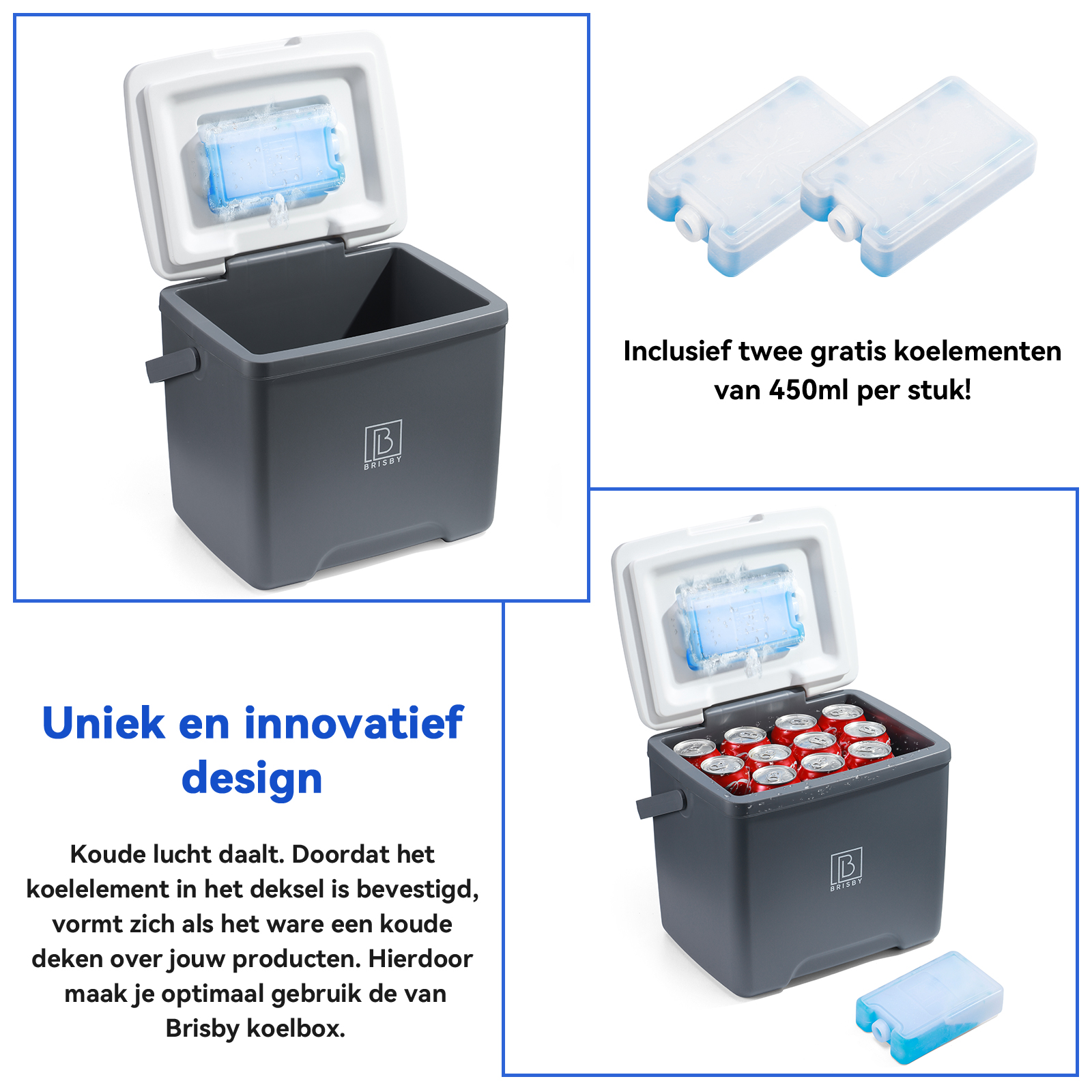 Een grijze koeler met een open deksel, een blauwe icepack en tekst. Twee icepacks staan rechts. De koeler heeft drankjes in zich.