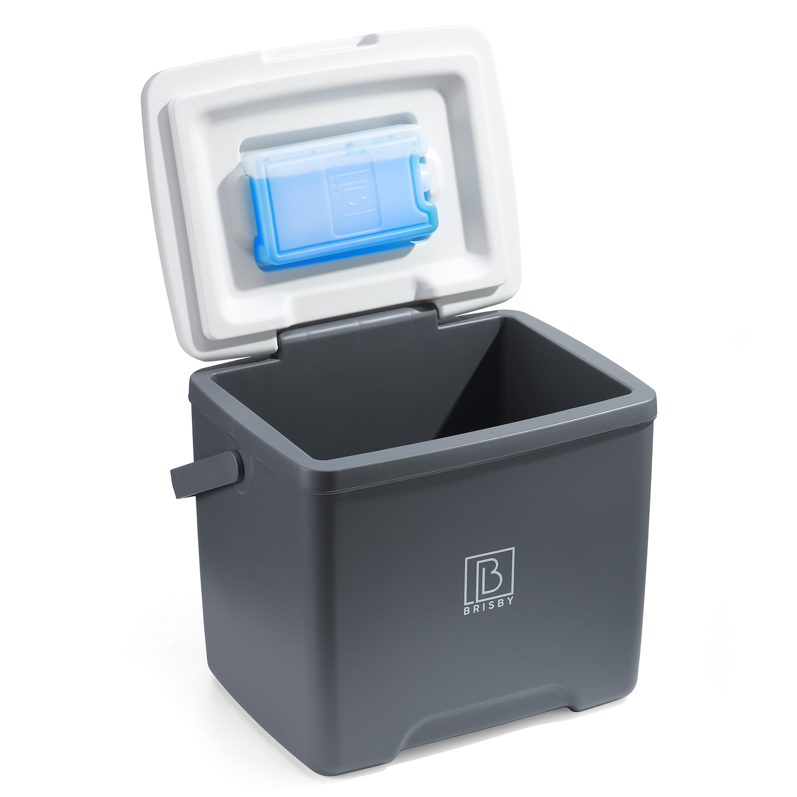 Open grijze koeler met een wit deksel. Een blauw icepack zit in het deksel. De koeler heeft een logo en een handvat.