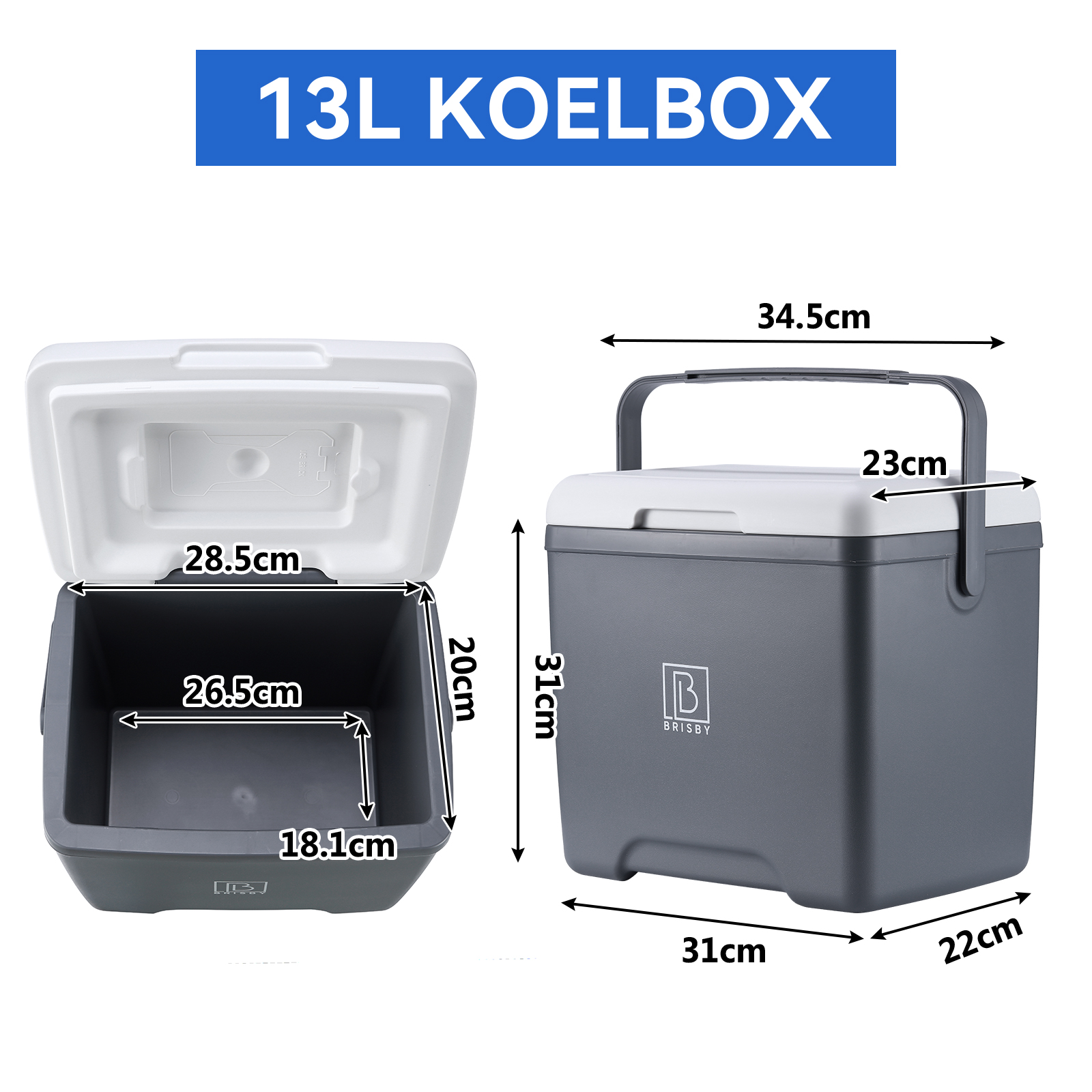 Een grijze en witte 13L Koelbox-koeler met afmetingen. De deksel is open. Afmetingen staan in centimeters.