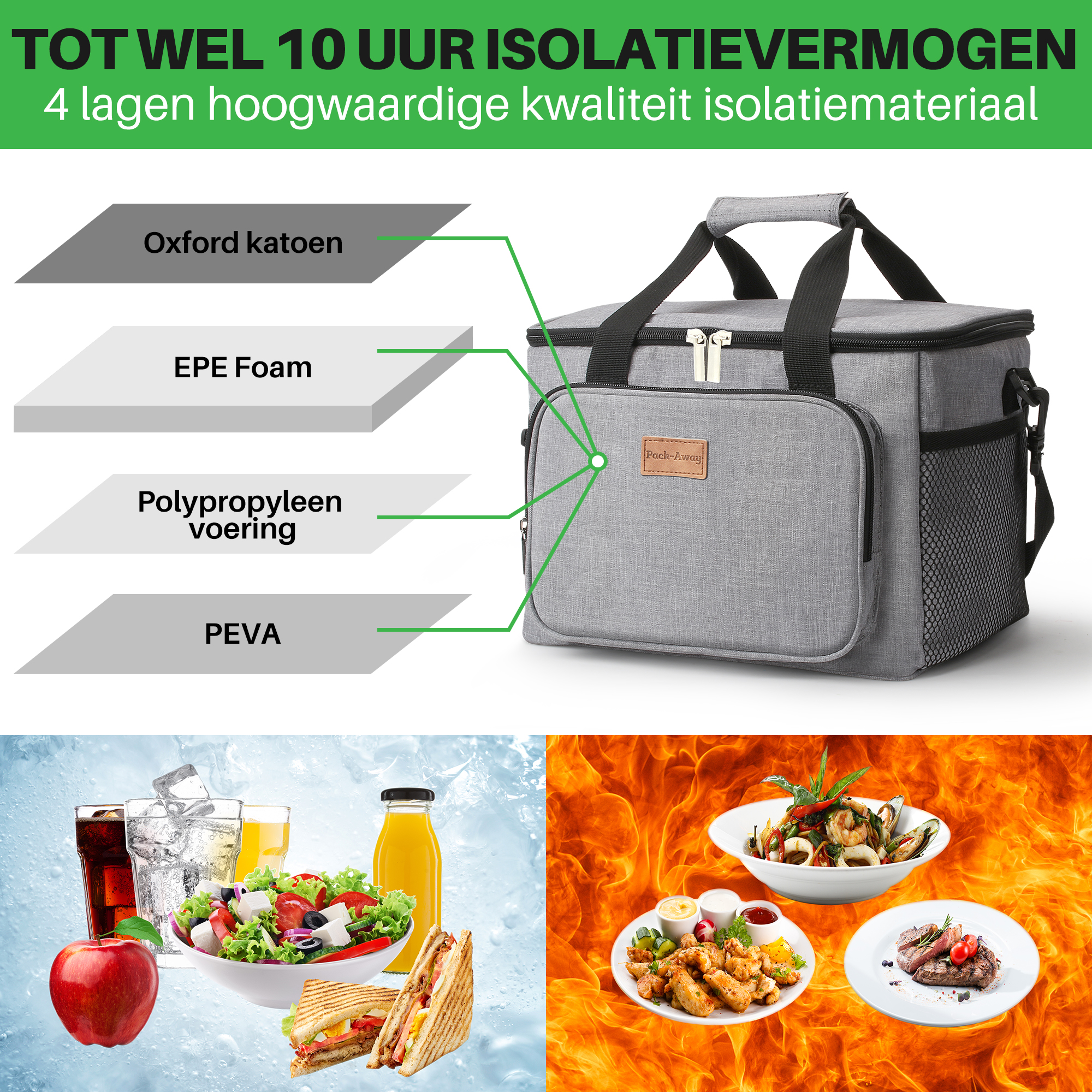 Een grijze geïsoleerde koeltas met eten en drinken. De afbeelding toont de lagen van de tas en voedsel zoals salade en sandwiches.