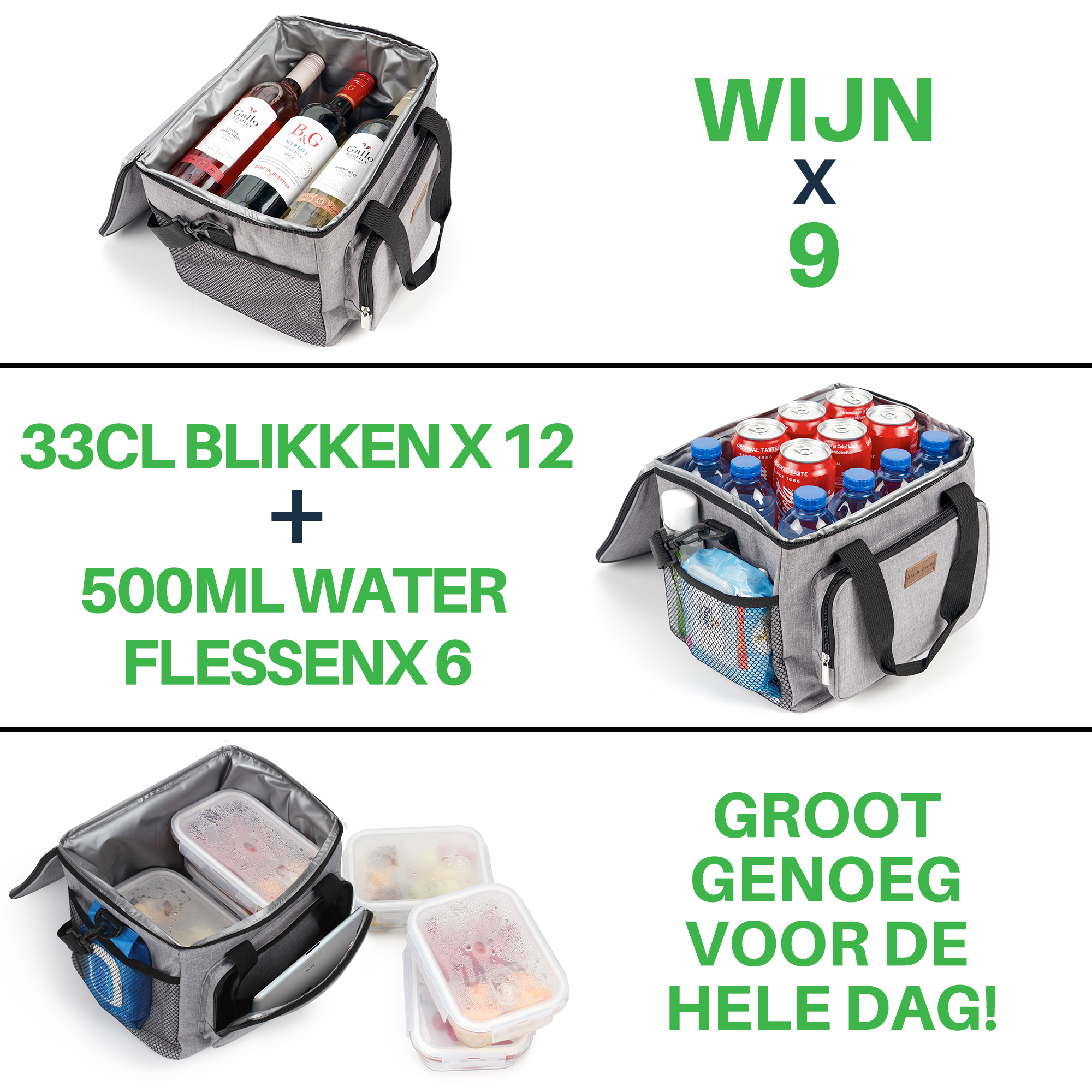 Afbeelding toont een open grijze koeltas met wijnflessen, drankjes en voedselcontainers, en tekst over de capaciteit.