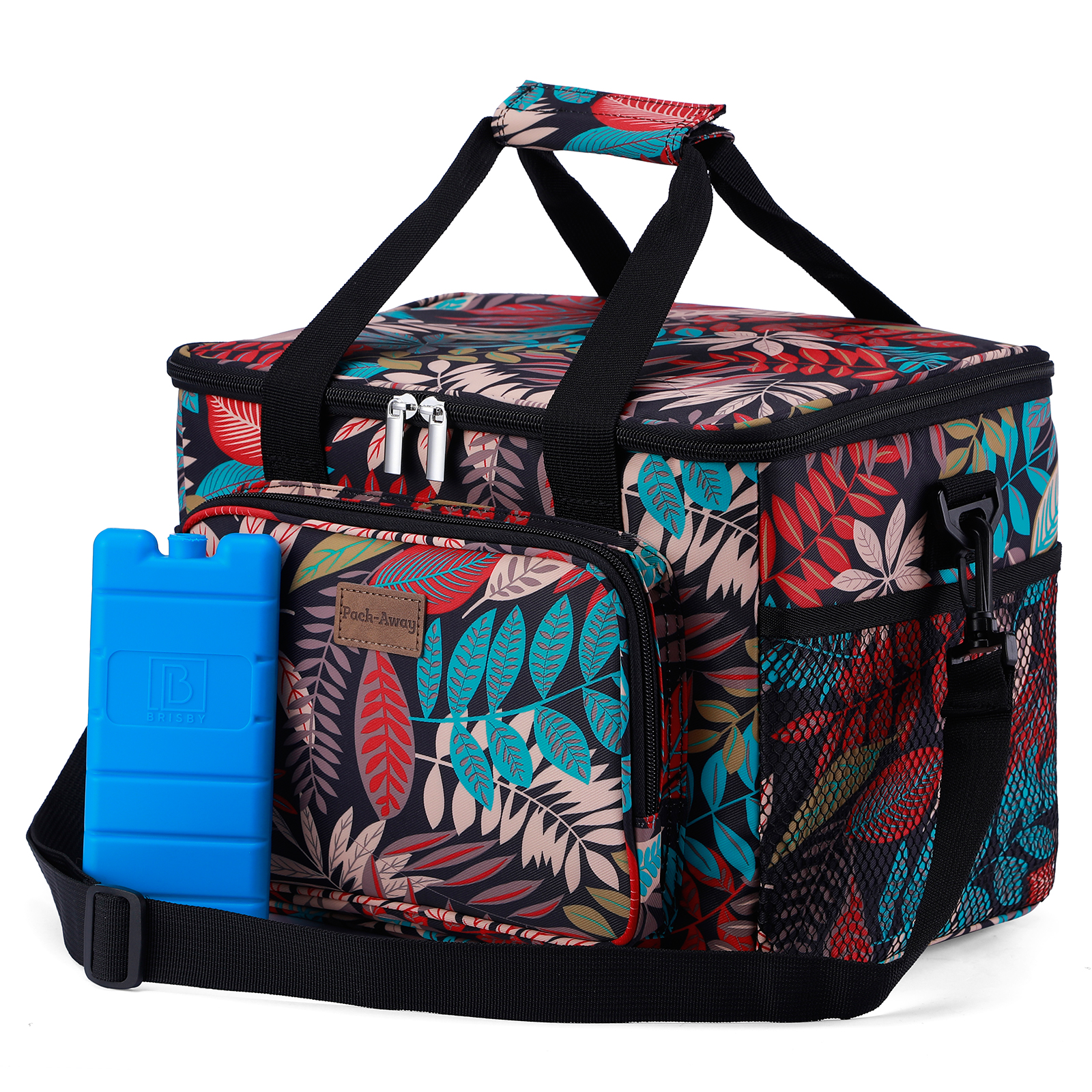 Een geïsoleerde koeltas met bloemenpatroon en een blauw icepack. Zwarte bandjes en handvatten. Bladeren zijn rood, blauw en beige op zwart.