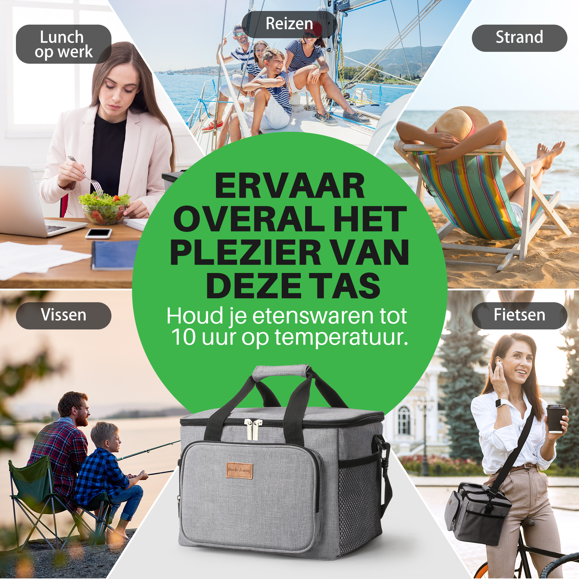Afbeelding toont een koeltas met scènes: lunch op kantoor, zeilen, strand, vissen en fietsen. Tekst: Geniet van deze tas!