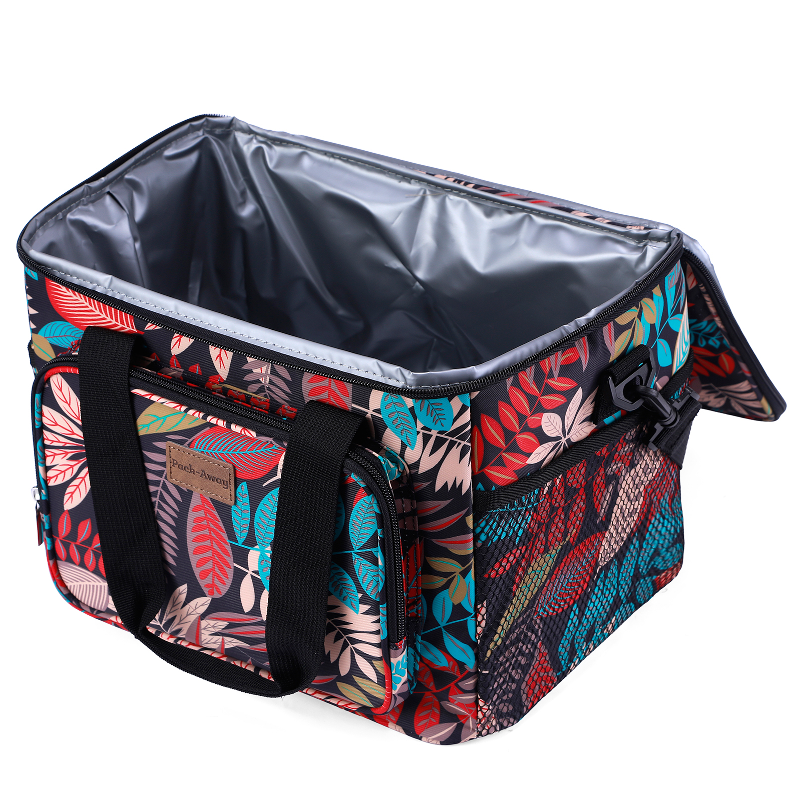 Open koeltas met bloemenpatroon. Met zwarte handvatten, zijvak en zilveren binnenkant.