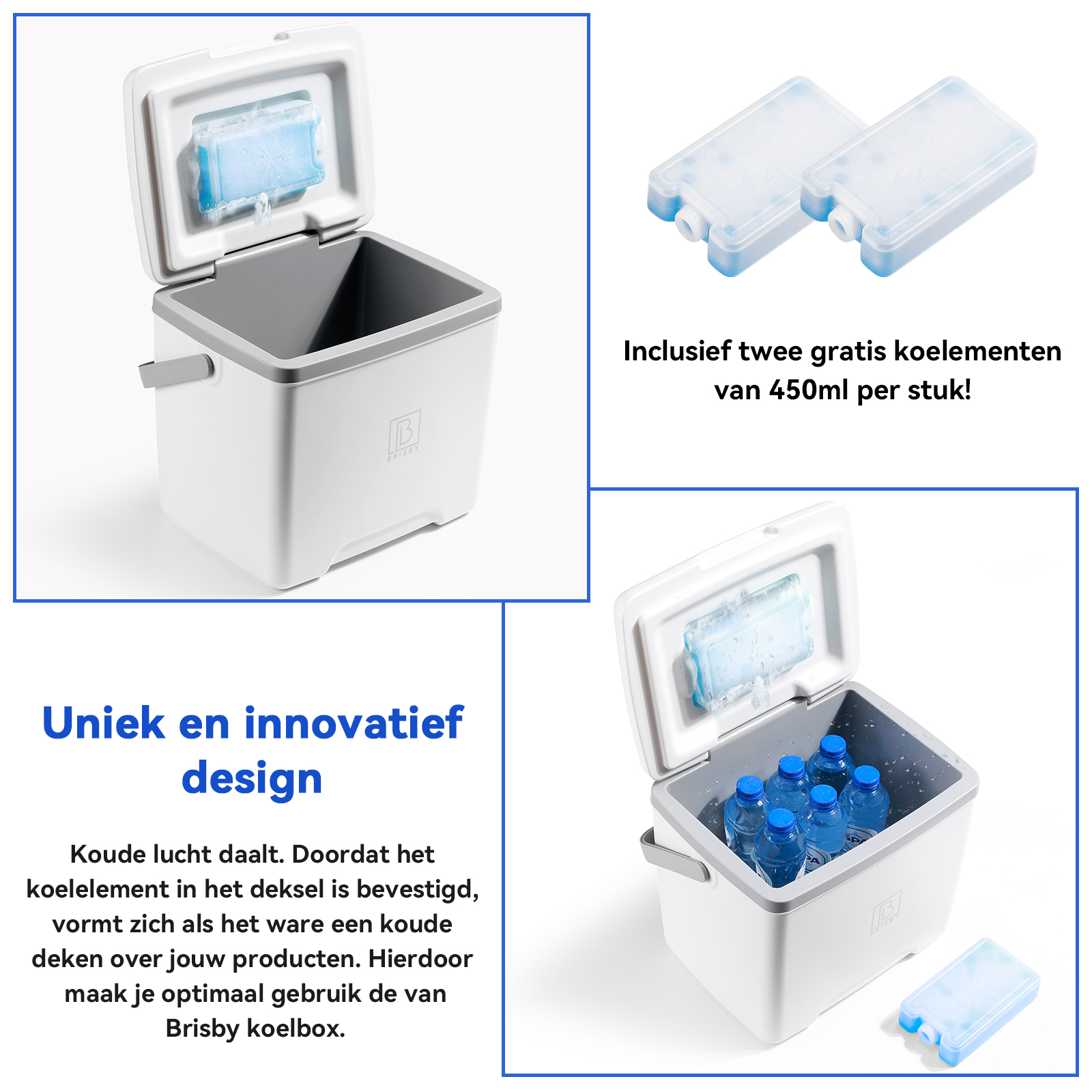 Witte koelbox met open deksel. IJsverpakking in de deksel. Blauwe waterflessen. Twee ijsverpakkingen rechtsboven.