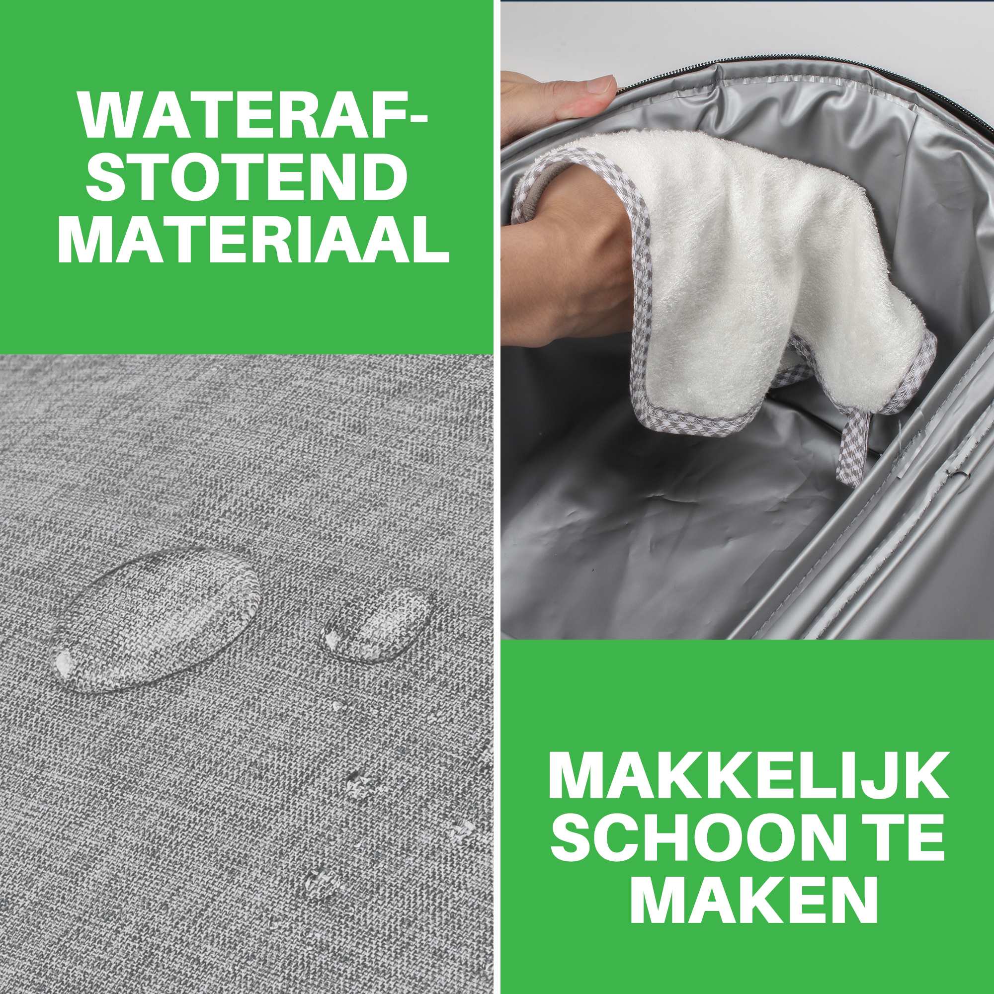 Afbeelding toont waterdruppels op grijze stof, een hand die een witte doek vasthoudt, en tekst die waterdicht en gemakkelijk schoonmaken aangeeft.