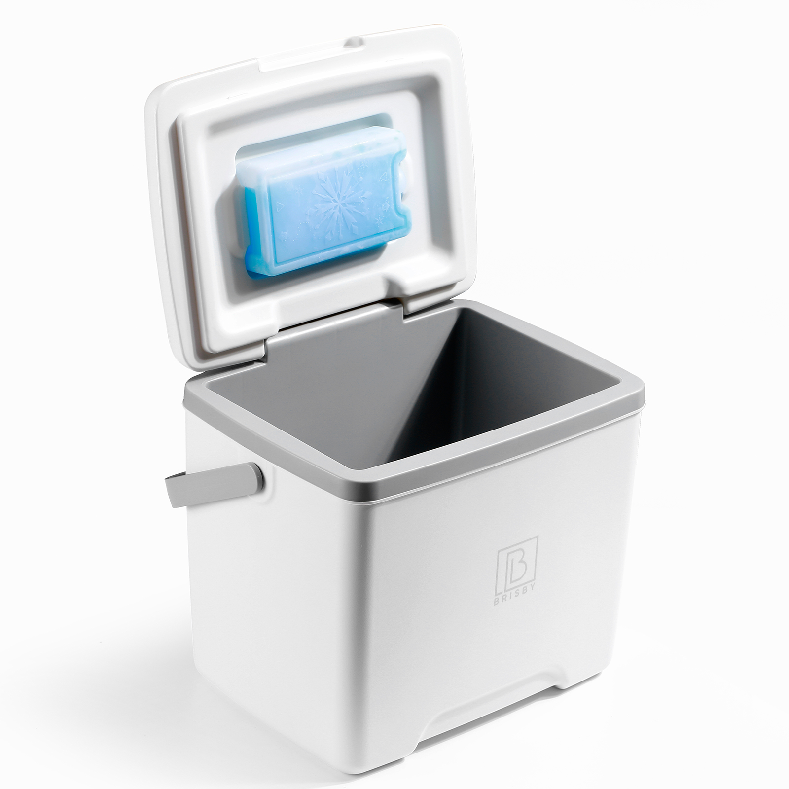 Witte koelbox met open deksel, met een blauw icepack. Grijs interieur en handvat. Het merklogo is zichtbaar.