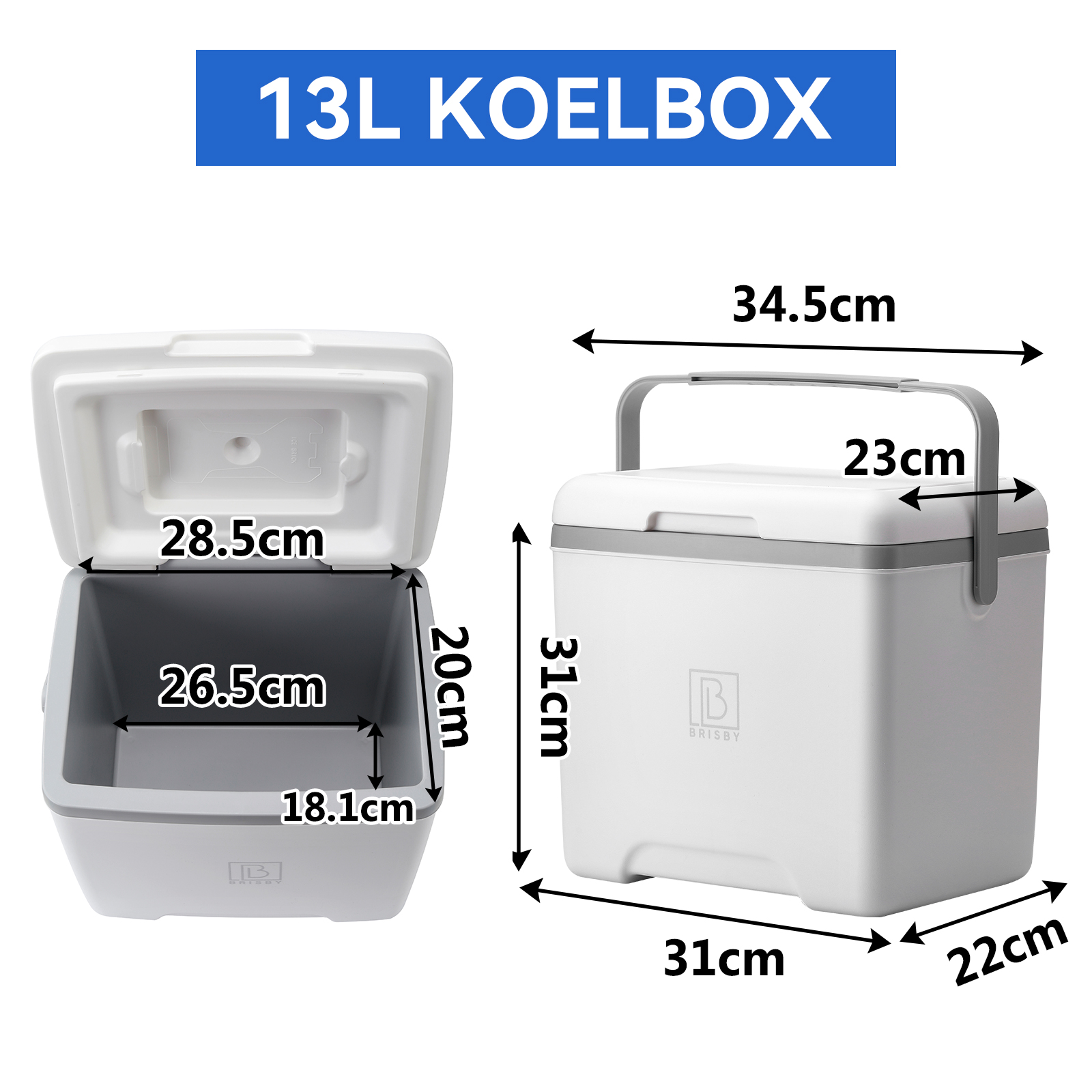 Witte koelbox, open en dicht, met afmetingen. Blauwe tekst: 13L KOELBOX. Afmetingen staan in cm.