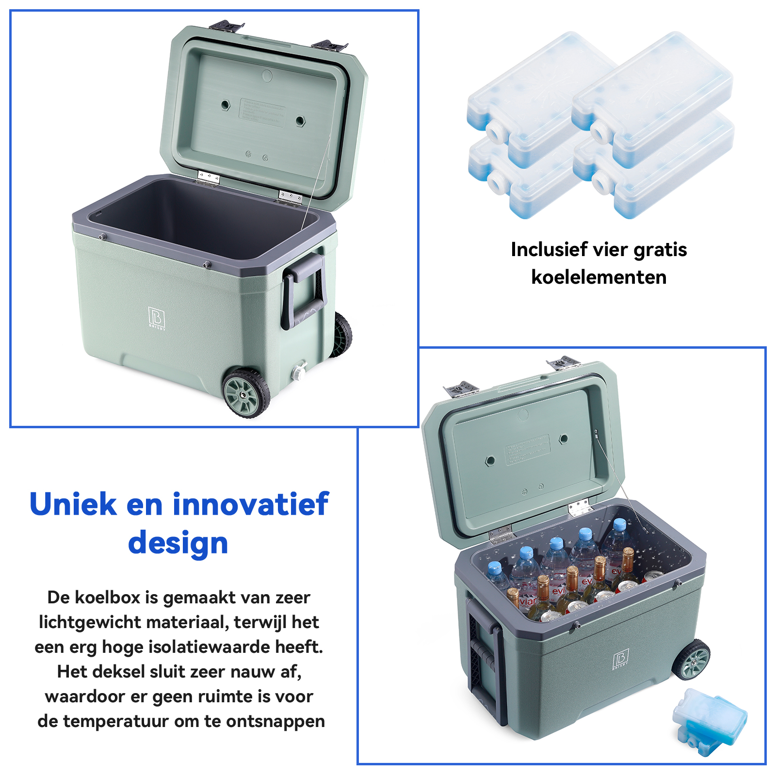 Een groene koelbox met wielen is open en toont waterflessen en koelelementen. De tekst promoot het ontwerp en de isolatie.