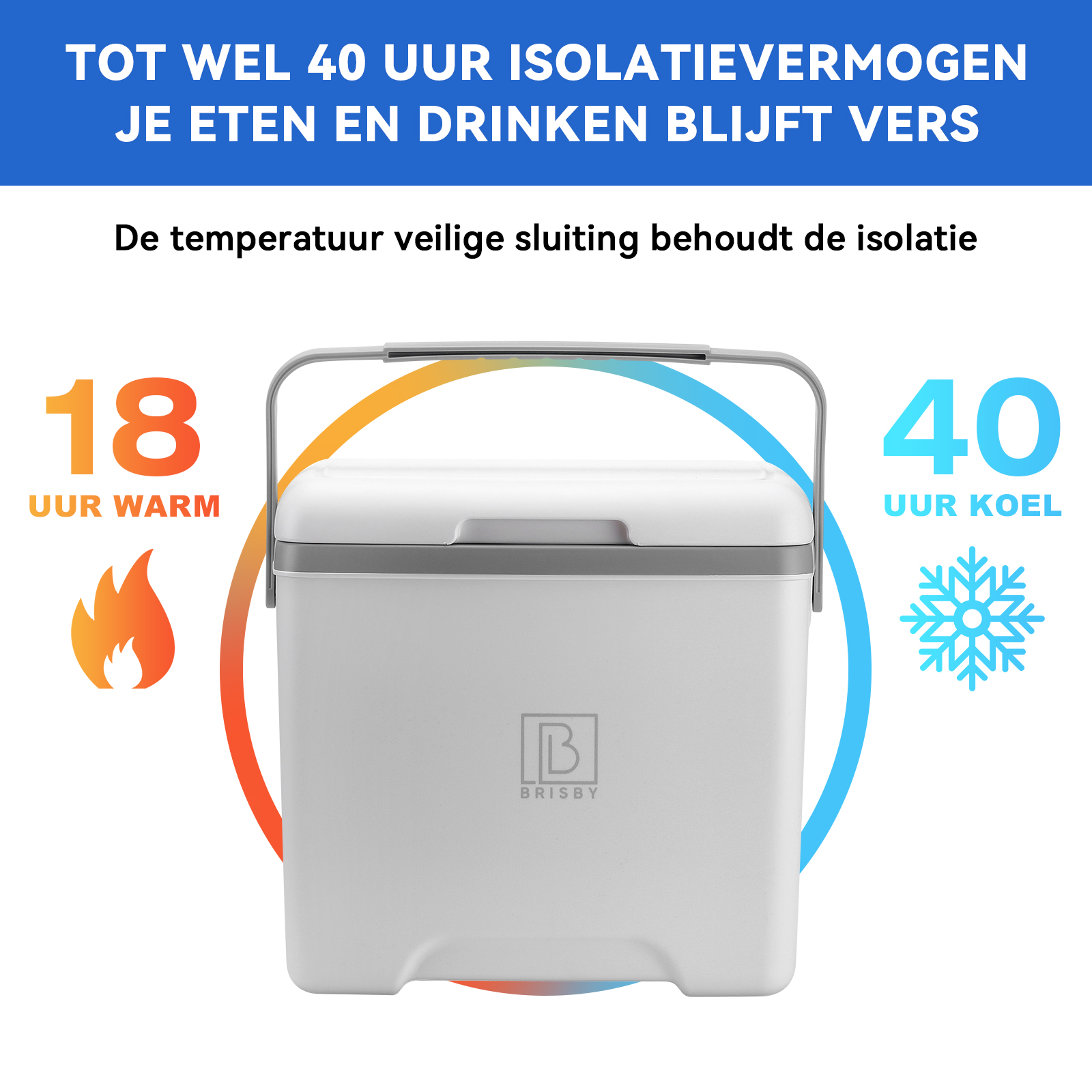 Witte koeler met handvat, tekst met 18 uur warm, 40 uur koel. Oranje en blauwe bogen.
