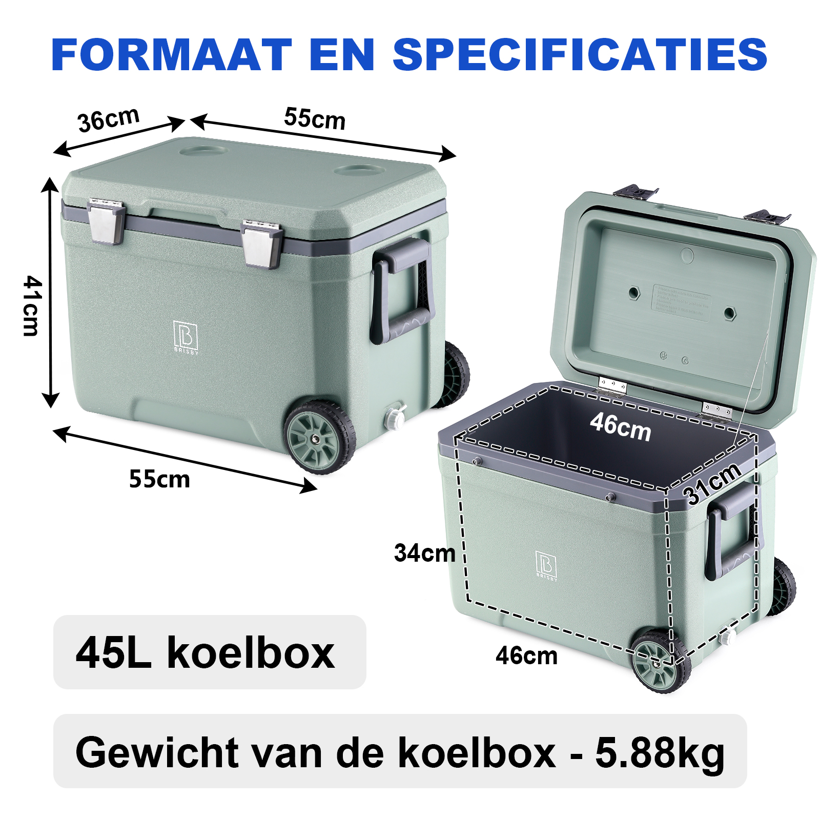 Afbeelding toont een groene koeler met afmetingen. De koeler is open, met de binnenkant zichtbaar. Tekst geeft 45L en 5,88kg gewicht aan.