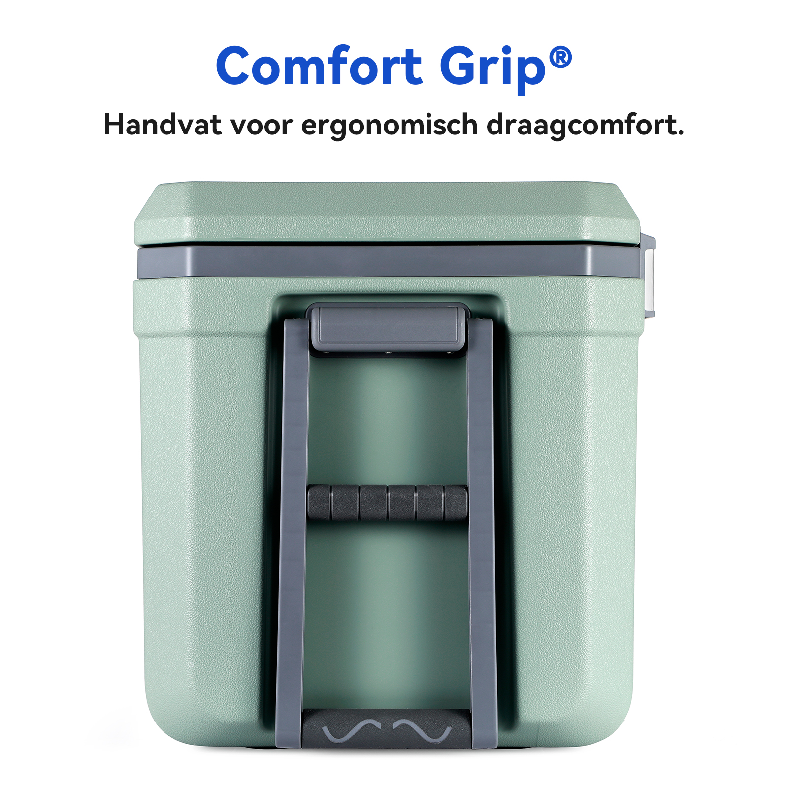 Een mintgroene koeler met een grijze handgreep. De tekst 'Comfort Grip' staat boven de koeler.