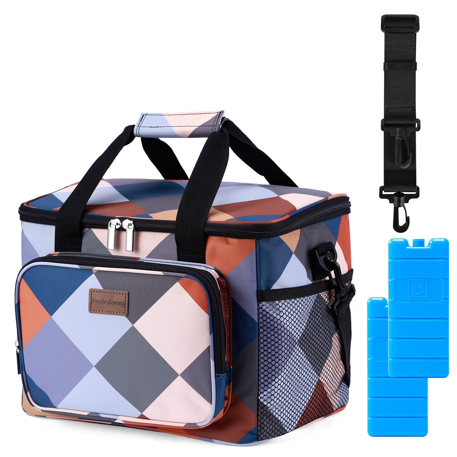 Een koeltas met een geometrisch patroon, zwarte banden en twee blauwe koelelementen. Inclusief een schouderriem.