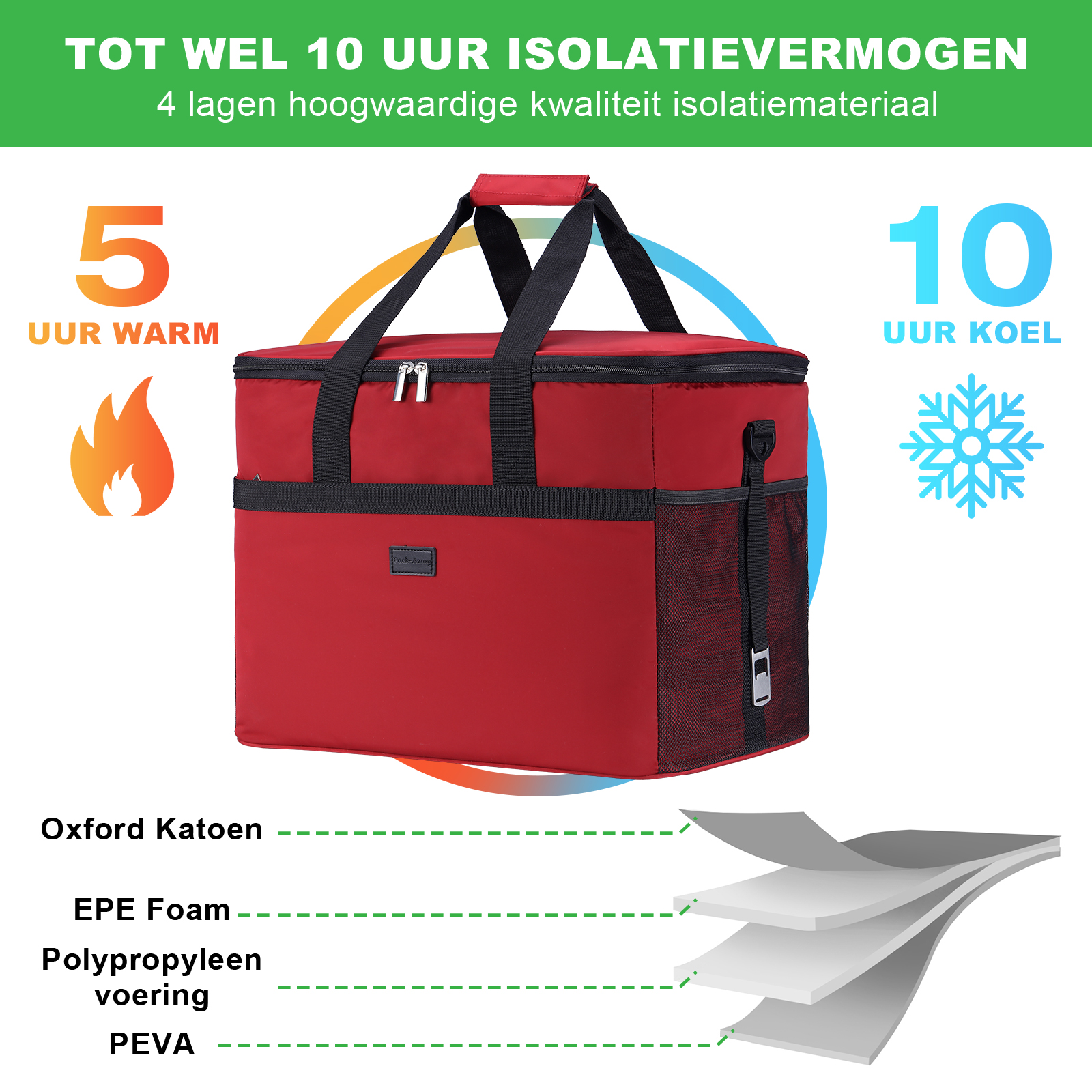 Rode geïsoleerde koeltas met zwarte handvatten, een vuuricoon en een sneeuwvlokicoon, met tekst die de verwarmings- en koelduur aangeeft.