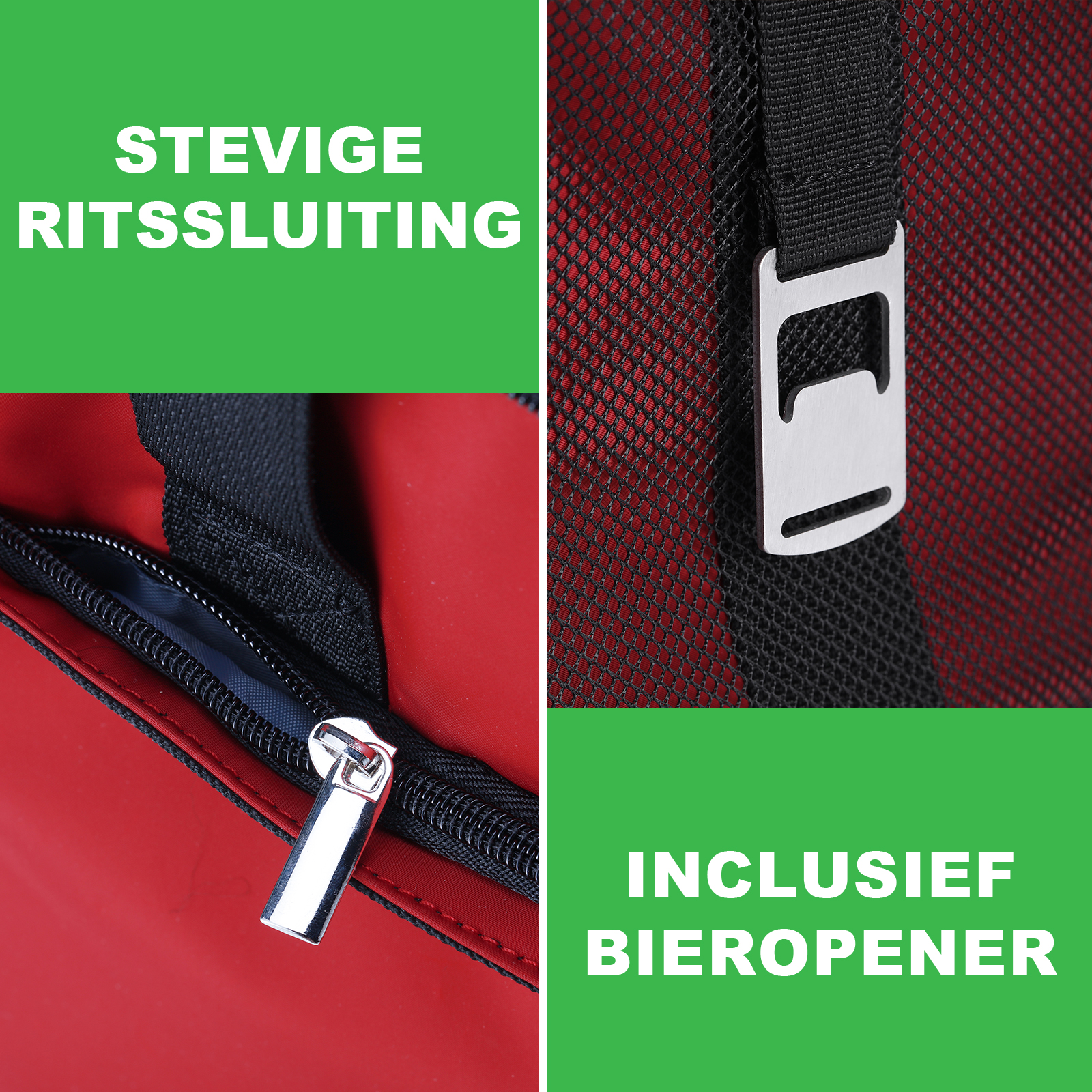 Afbeelding toont details van rode tas: rits, metalen opener, zwart gaas en groene tekst: STEVIGE RITSSLUITING, INCL. BIEROPENER.