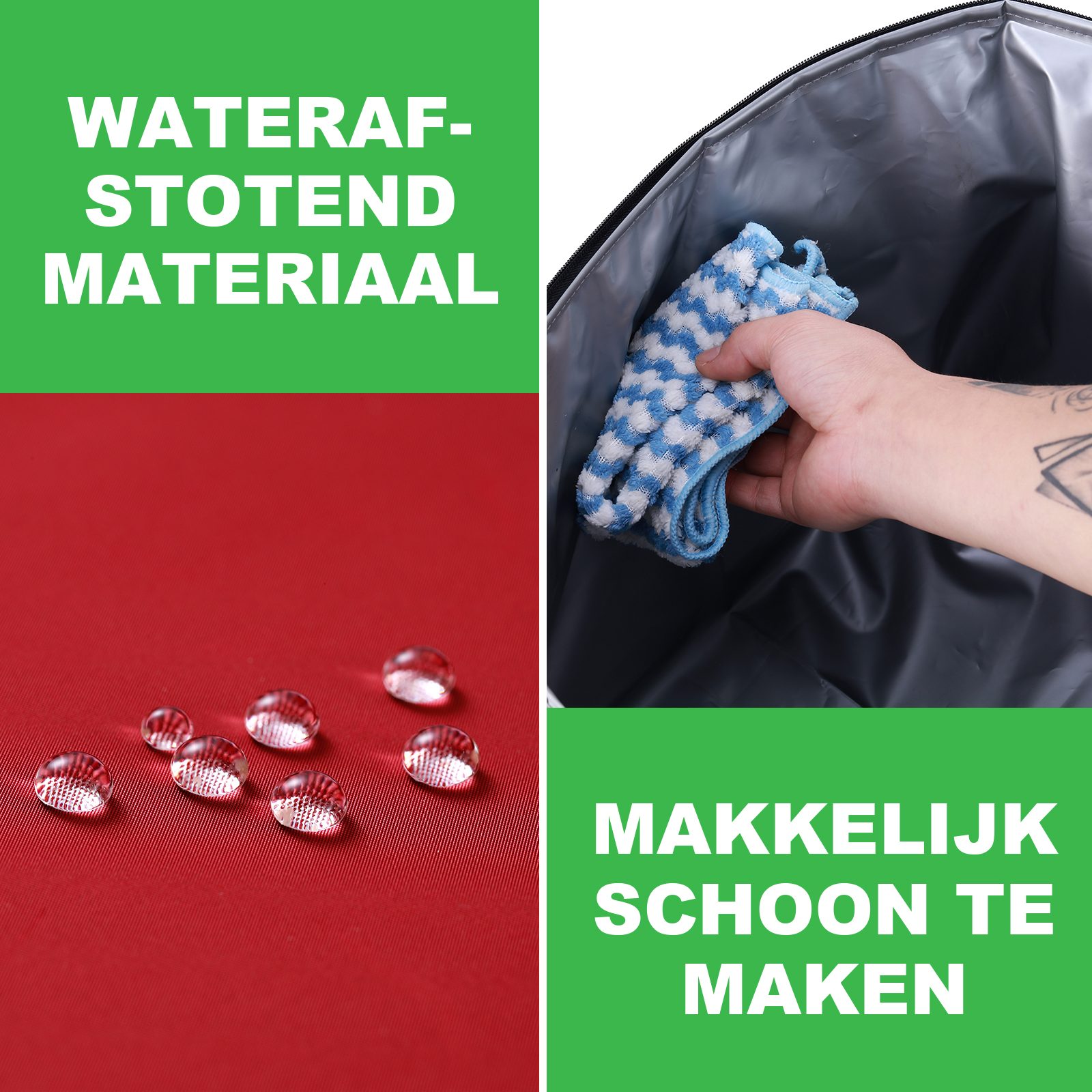 Afbeelding toont rode stof met waterdruppels, een hand die een blauwe doek vasthoudt en tekst in het Nederlands: waterafstotend materiaal en gemakkelijk schoon te maken.