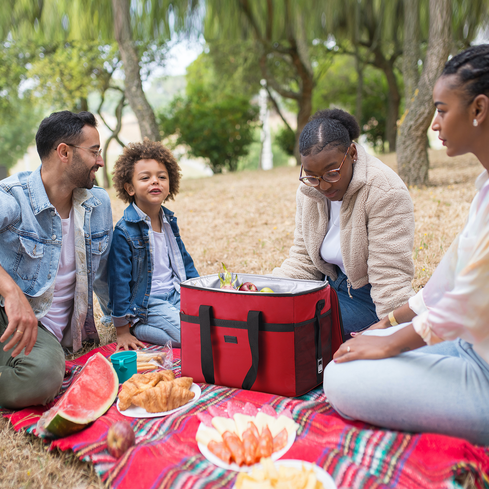 Familiepicknick op een rood kleed. Inclusief eten, een rode koeler en mensen. Bomen en gras op de achtergrond.