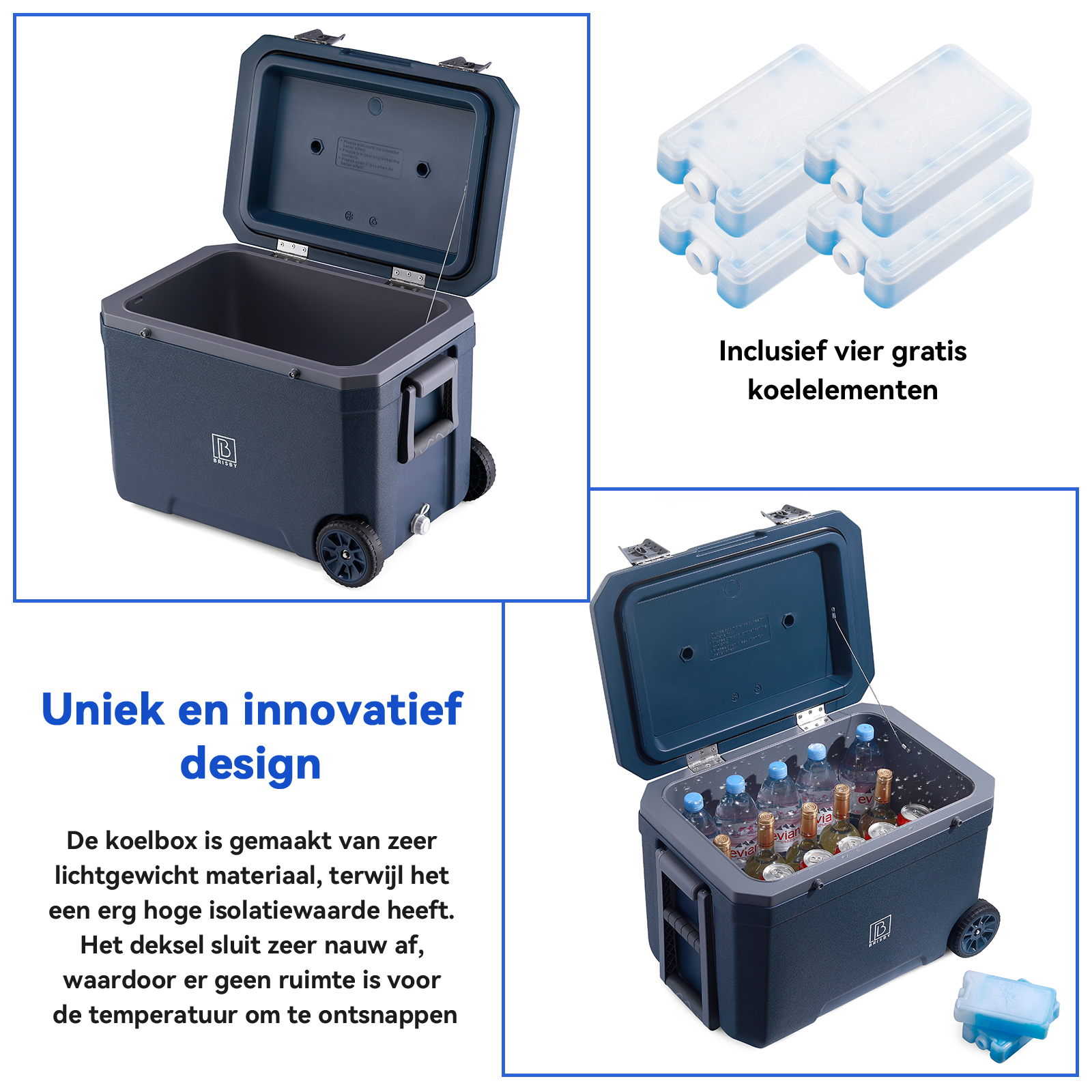 Een donkerblauwe koeler met wielen, open deksel en drankjes binnenin. Ijspakken apart getoond. Tekst: 'Uniek en innovatief design'.