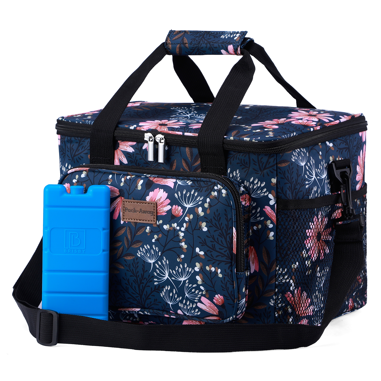 Een bloemenkoeltas met een blauw icepack. De tas is donkerblauw met roze bloemen. Zwarte handvatten en riem.