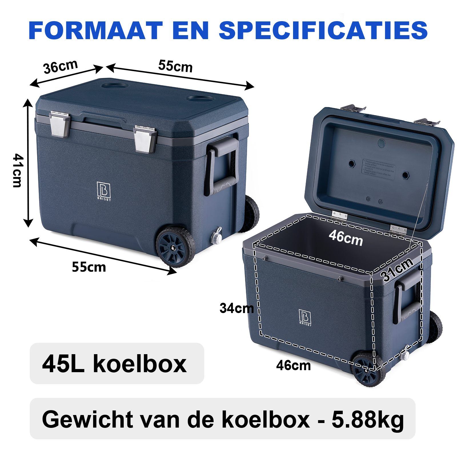 Een donkerblauwe koelbox met afmetingen. Eén is gesloten, de andere open met interne afmetingen. Tekst geeft 45L capaciteit aan.
