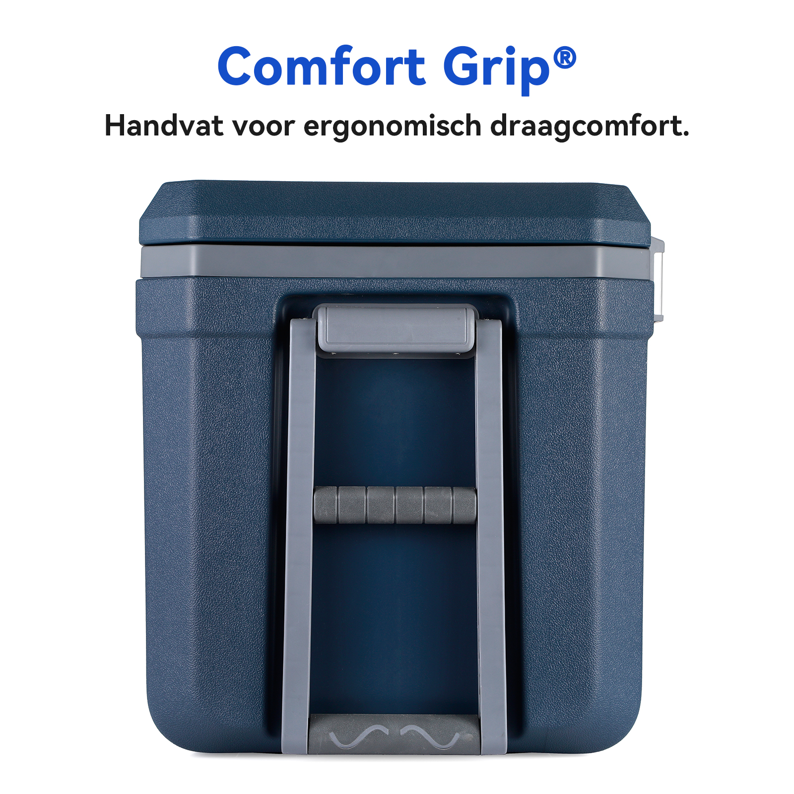 Blauwe koeler met grijze handgreep. Tekst luidt 'Comfort Grip' en 'Handvat voor ergonomisch draagcomfort'.