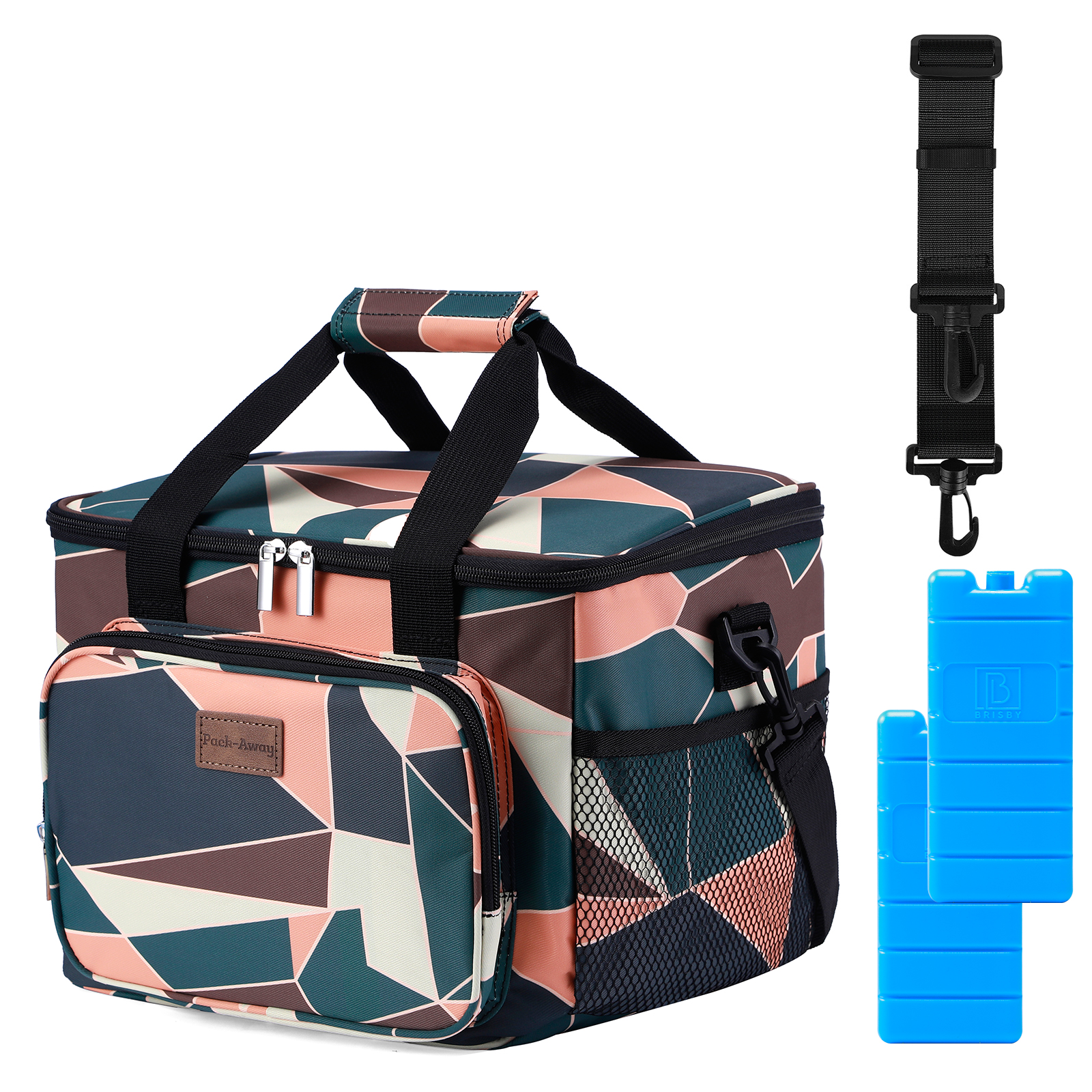 Geometrische koeltas met zwarte banden, een schouderriem en twee blauwe koelelementen.