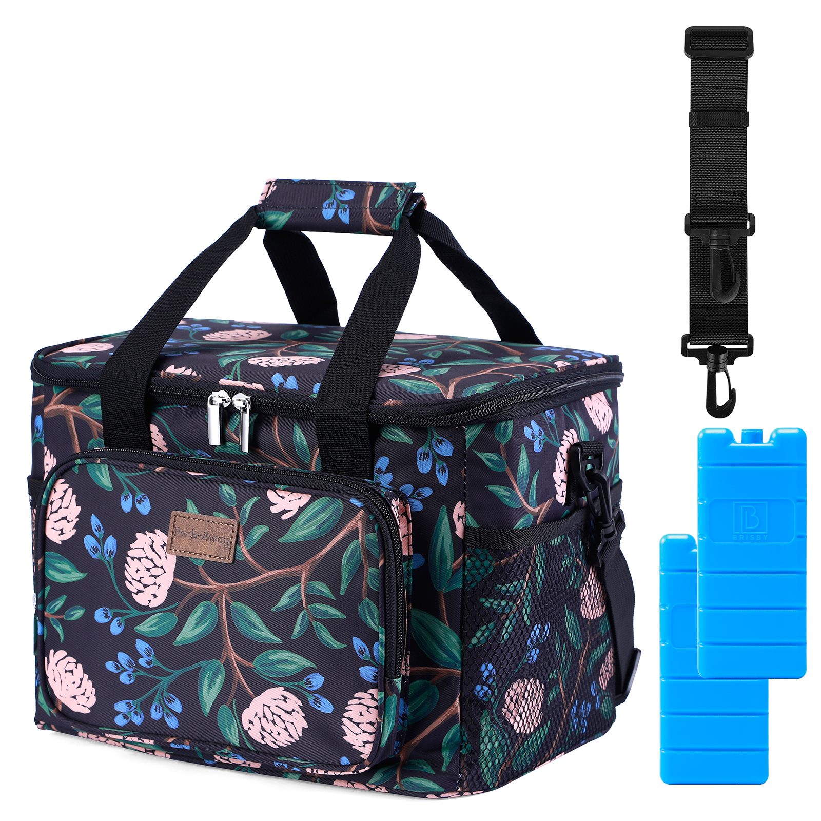 Een bloemen geïsoleerde koeltas met zwarte handvatten, riem en koelelementen. Zwart bloemenpatroon.