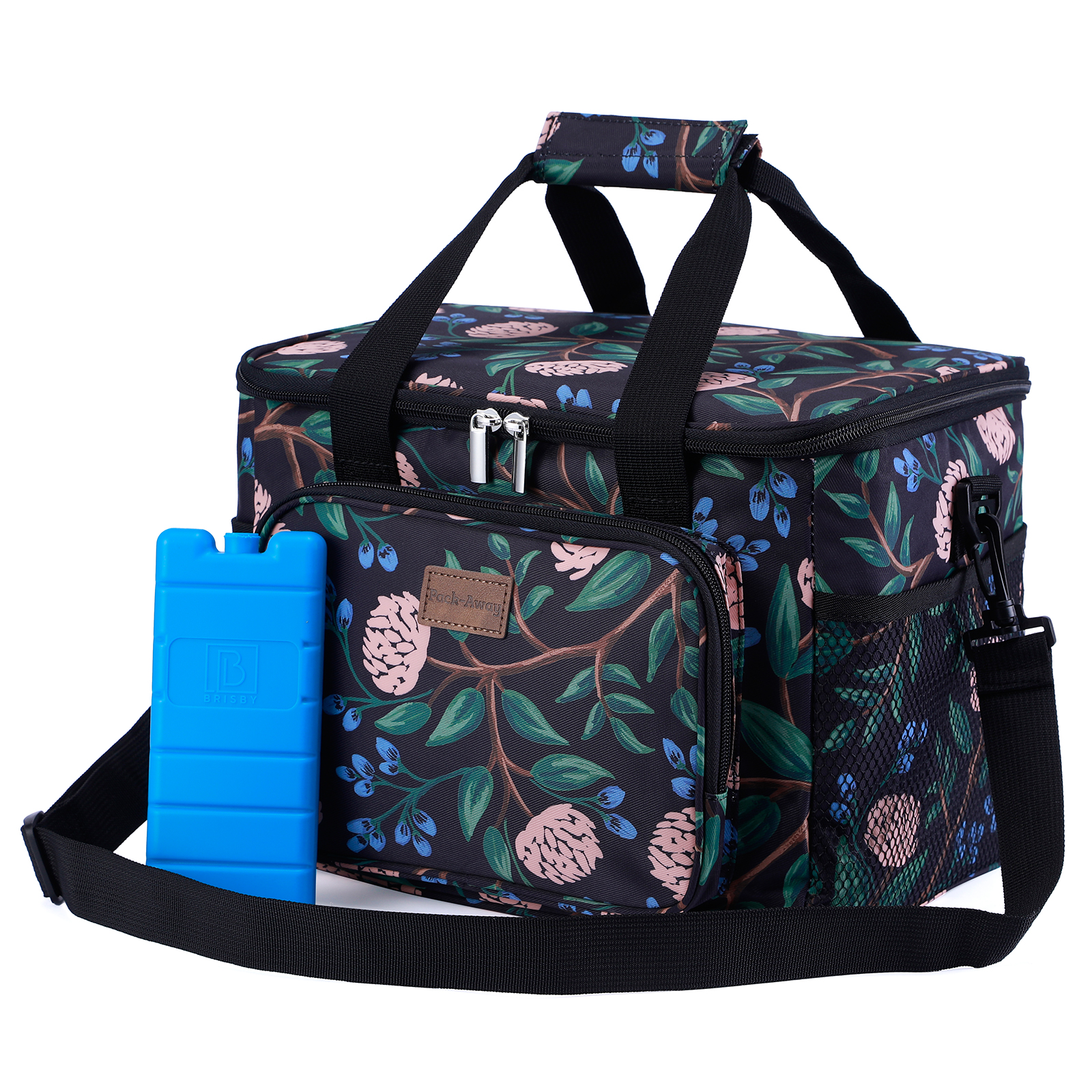 Een geïsoleerde lunchtas met bloemenpatroon en een blauwe koelelement. Zwarte tas met roze bloemen en een zwarte riem.