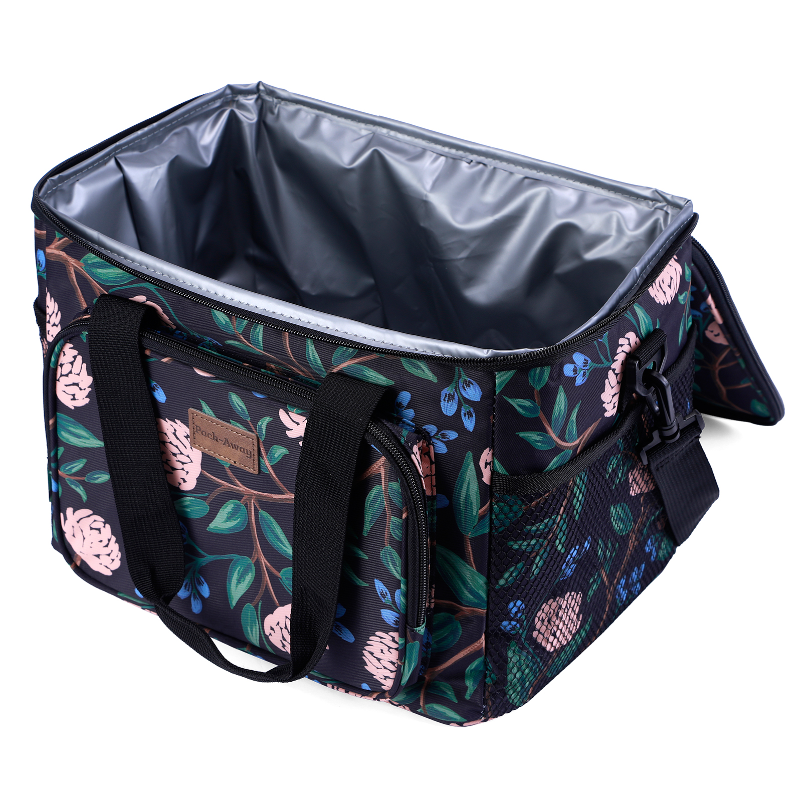 Open koeltas met bloemmotief. Zwart met roze en blauwe bloemen. Zwarte handvatten en riem. Binnenkant is zilver.