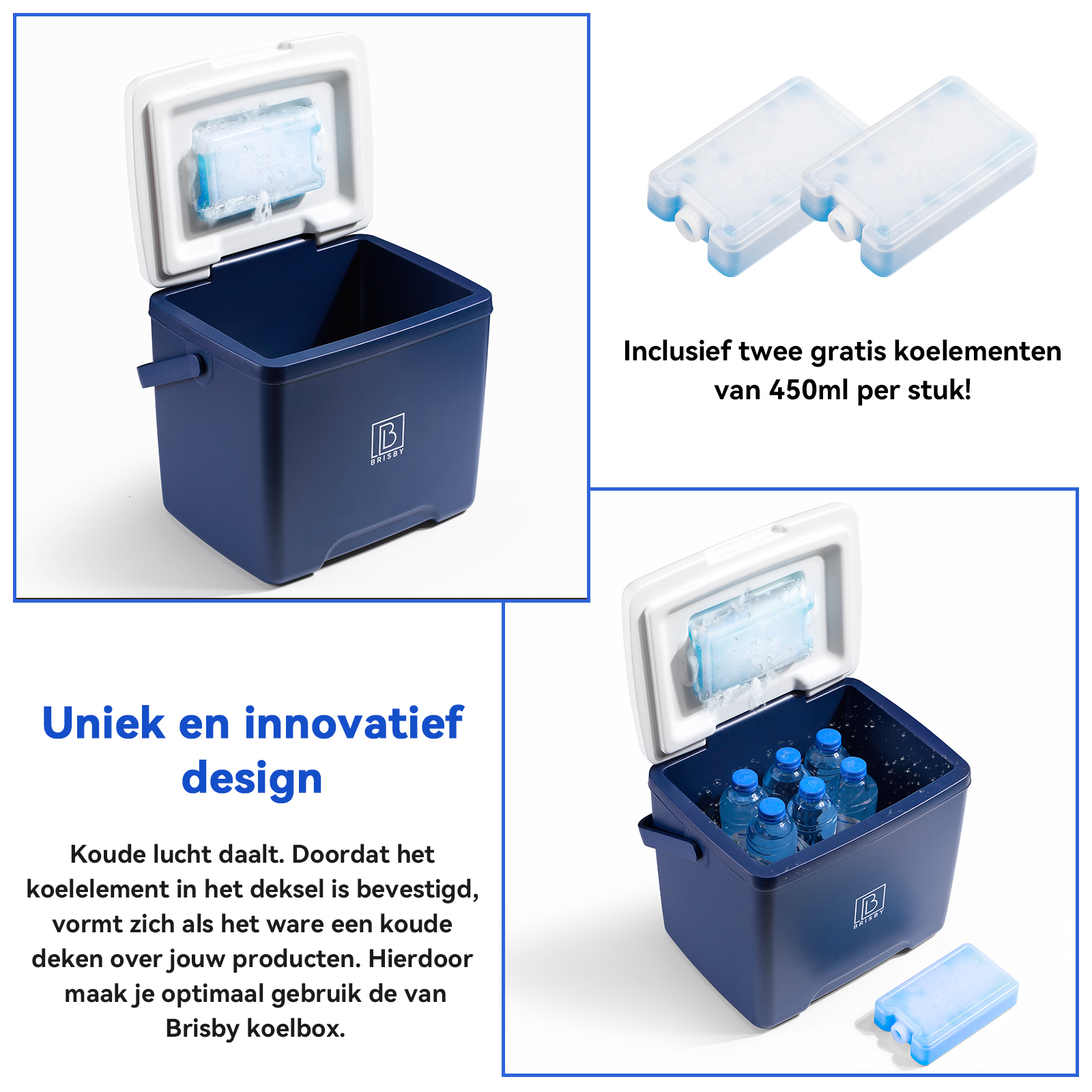 Een blauwe koelbox met open deksel, koelelementen en tekst in het Nederlands. De koelbox bevat waterflessen.