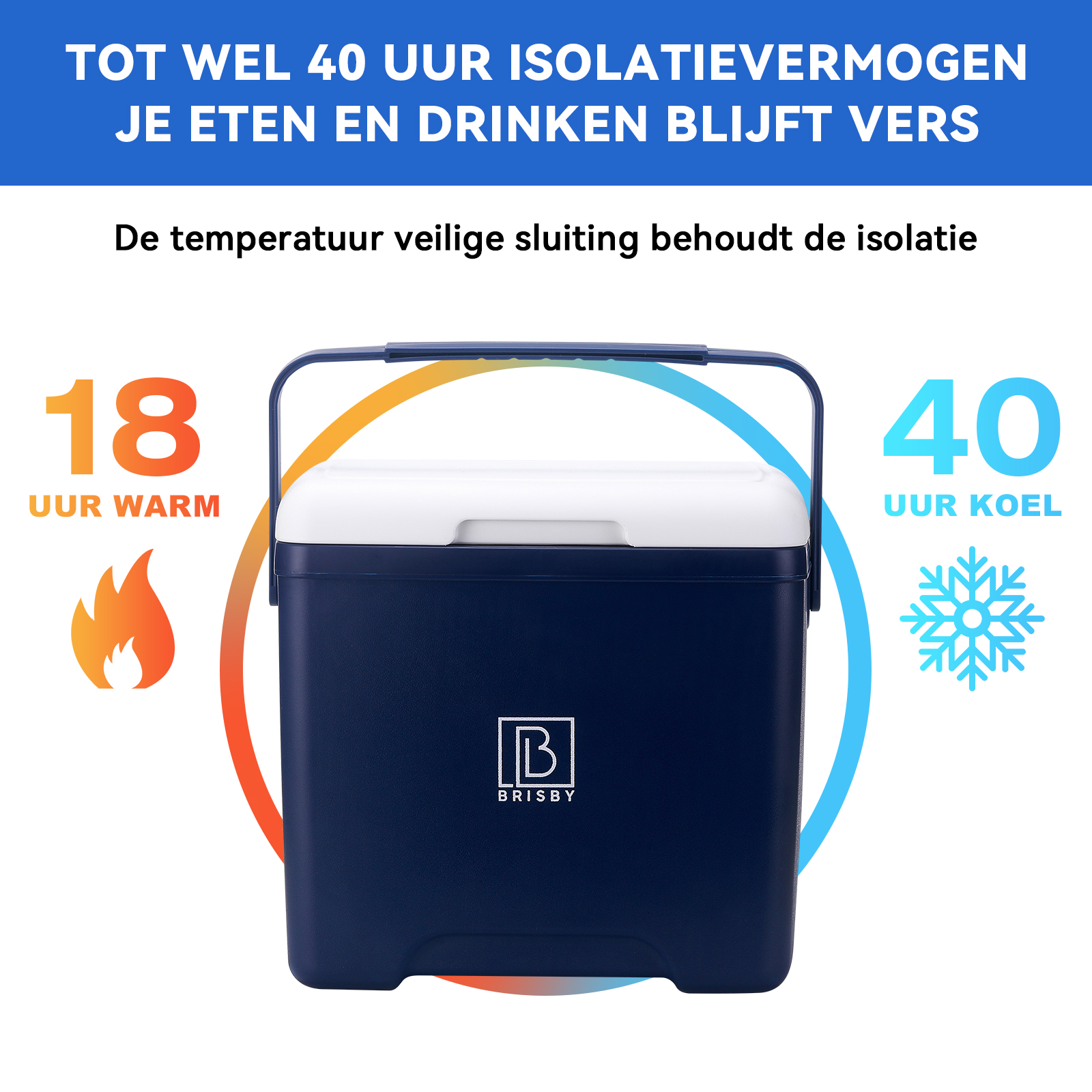 Een donkerblauwe koeler met een wit deksel. Houdt voedsel 18 uur warm en 40 uur koel. Een vlam en een sneeuwvlok worden getoond.