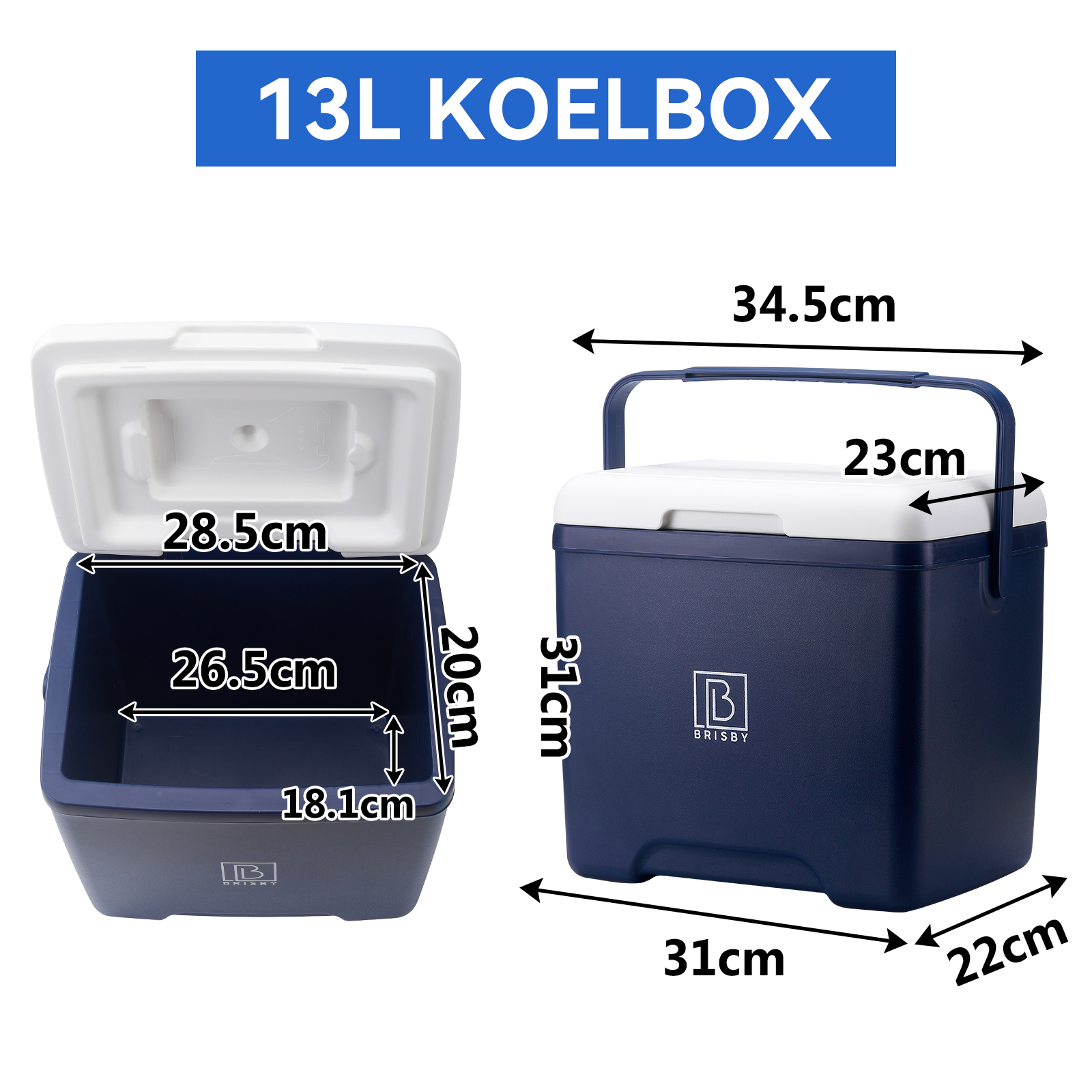 Een blauw-witte koelbox met gemarkeerde afmetingen. Het deksel is open. Tekst zegt 13L KOELBOX.