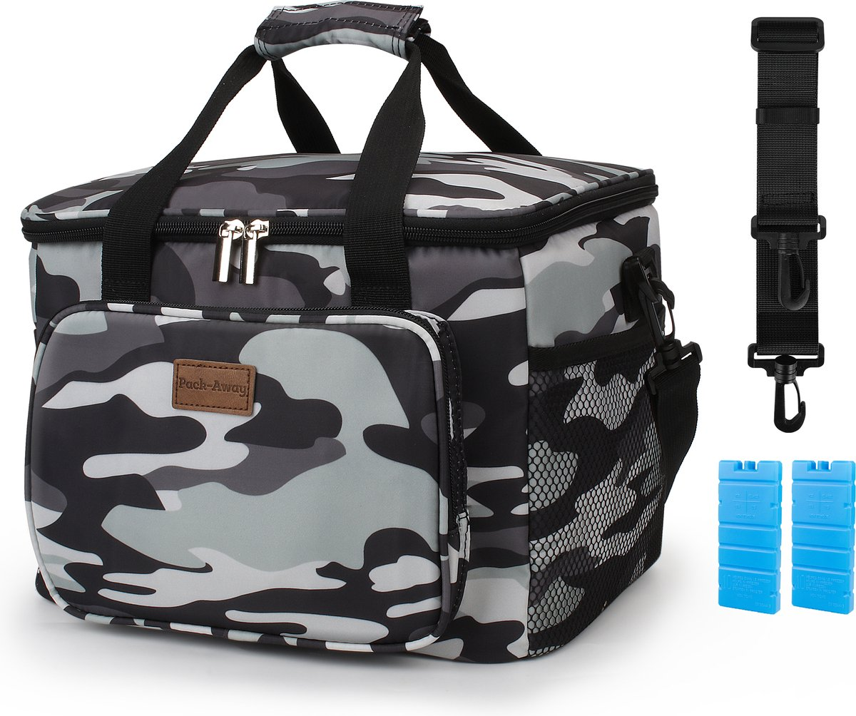 Camouflage koeltas met handvatten, schouderriem en twee blauwe koelelementen. Inclusief een voorvak en een zijvak van gaas.