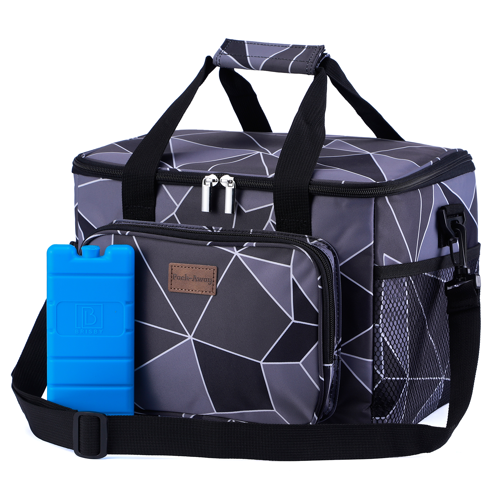 Een grijze en zwarte geometrische koeltas met een blauwe ijsverpakking. Heeft een schouderriem en handvat.