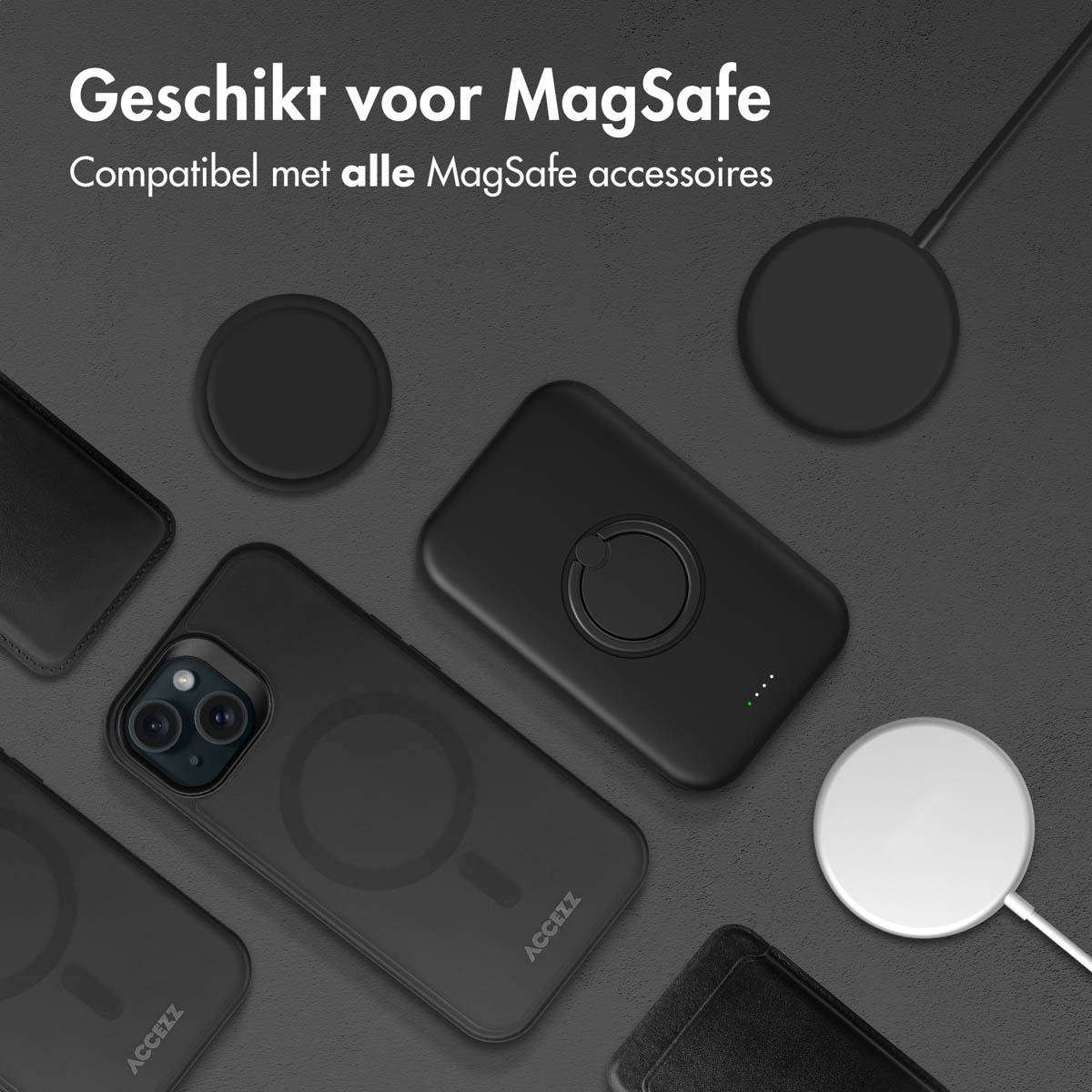 Accessoires MagSafe noirs, dont chargeurs et coques de téléphone, sur fond gris. Texte en haut: 'Convient pour MagSafe'.