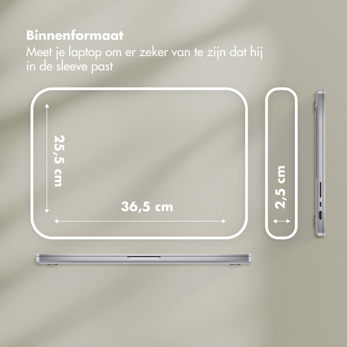Image shows dimensions of a laptop and a sleeve. The laptop is shown in profile and from above, with measurements in cm.