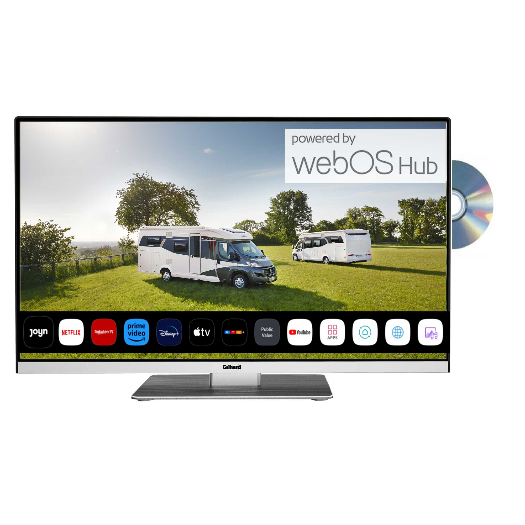 Ein Fernseher zeigt ein Feld mit Wohnmobilen. Logos von Streaming-Diensten sind unten. Rechts ist eine CD.