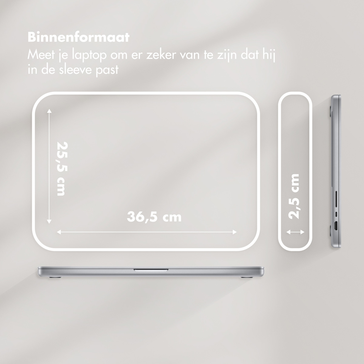 A laptop and dimensions are displayed: 36.5cm x 25.5cm, thickness 2.5cm. Text reads 'Measure your laptop to ensure it fits the sleeve'.
