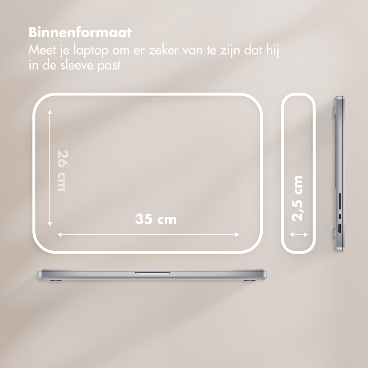 Image shows a laptop with dimensions. A white outline shows the laptop size: 35cm x 26cm x 2.5cm. Text reads 'Binnenformaat'.