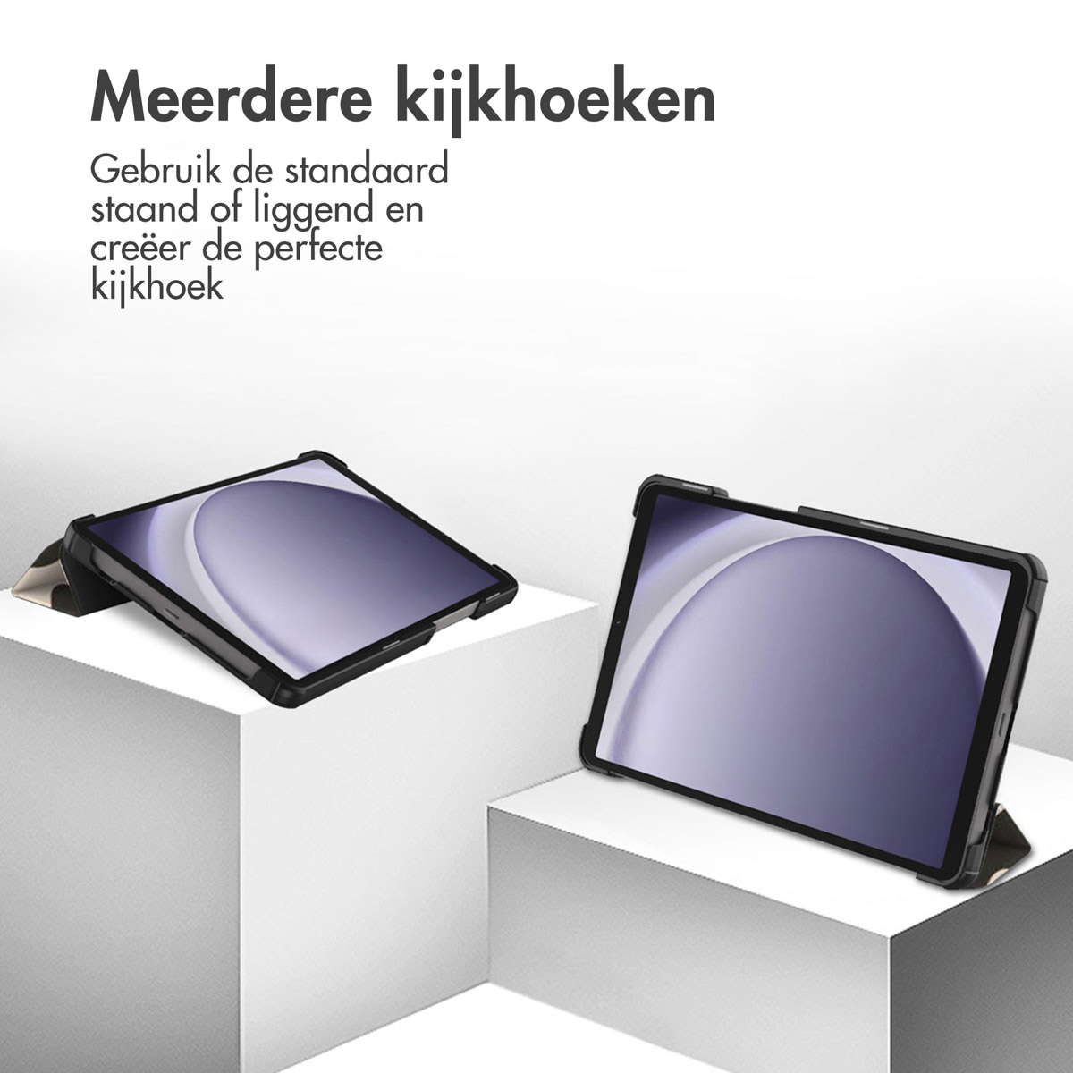 Twee tablets in zwarte hoesjes worden getoond op witte platforms. De tekst luidt: 'Meerdere kijkhoeken'.