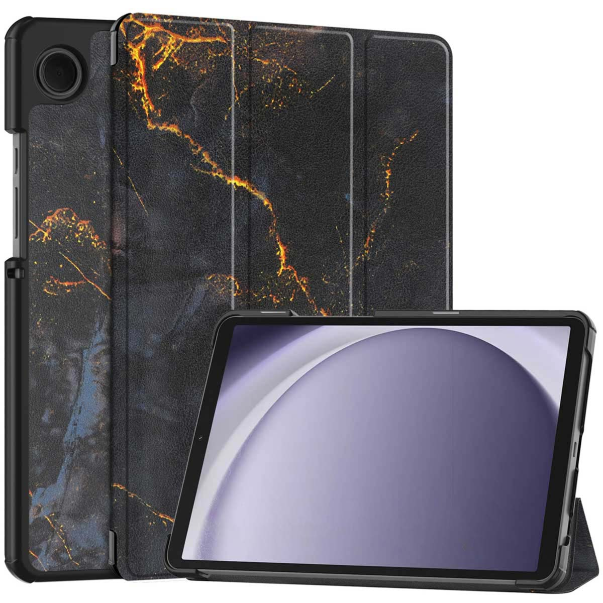 Tablette avec étui noir, motif marbre. L'étui est ouvert, montrant l'écran. L'étui est noir avec des veines dorées.