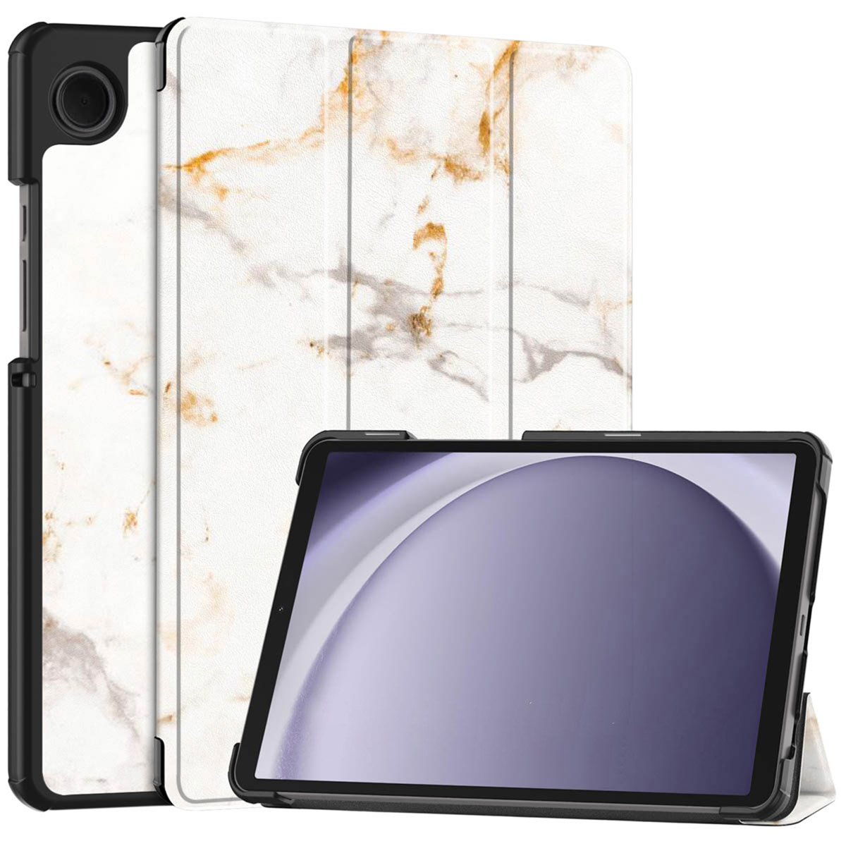 Tablette avec une housse à motif marbré et un cadre noir. L'écran affiche un dégradé violet clair. La housse est blanche avec des veines dorées.
