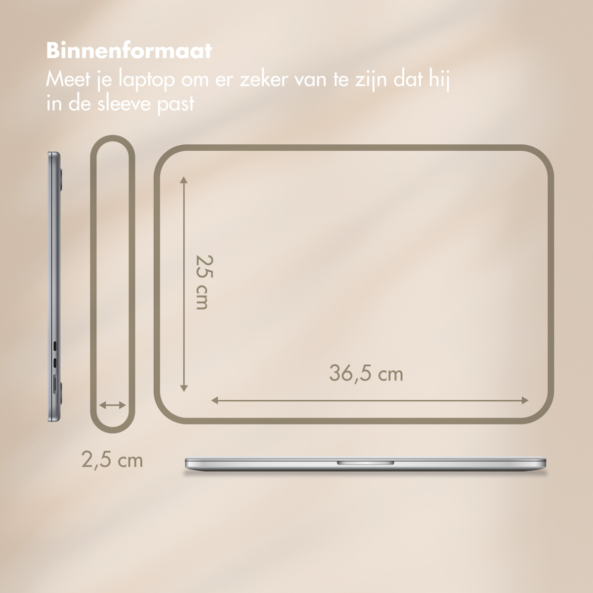 Diagramm zeigt Abmessungen: 2,5 cm, 25 cm, 36,5 cm. Eine Laptop-Silhouette befindet sich neben den Abmessungen.