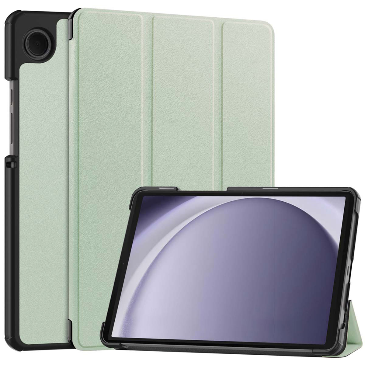 Ein Tablet in einer Schutzhülle. Die Hülle ist mintgrün mit schwarzem Rand. Der Tablet-Bildschirm zeigt ein verschwommenes Bild.