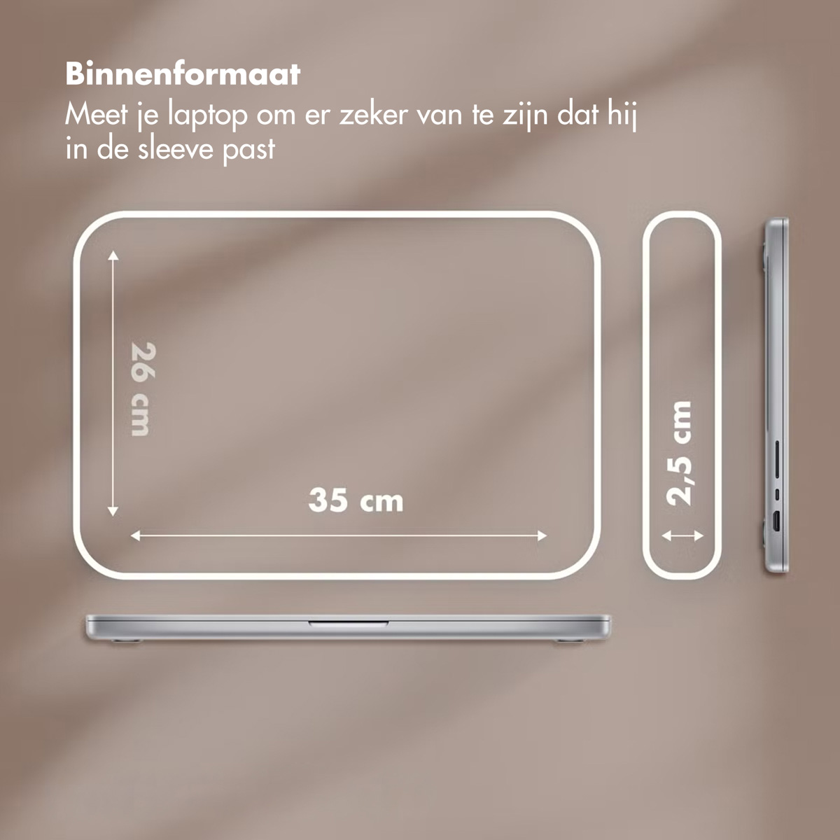 Das Bild zeigt die Abmessungen einer Laptoptasche. Es werden die Maße 26 cm, 35 cm und 2,5 cm sowie ein Laptop-Profil angezeigt.