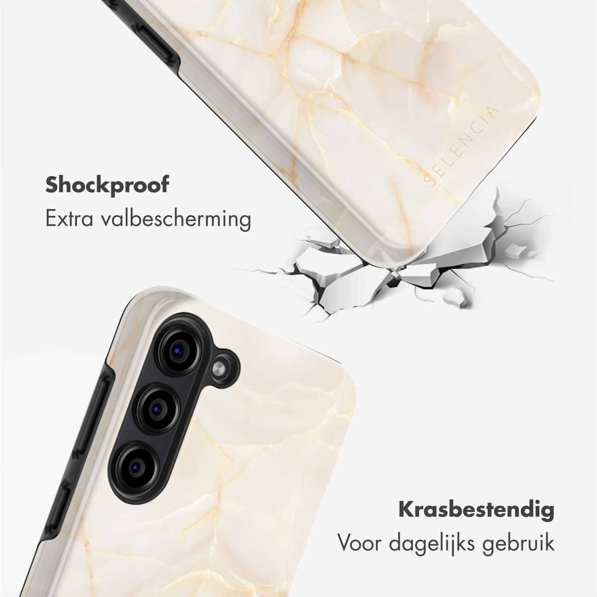 Due custodie per telefono con texture marmorea, una apparentemente in caduta e che incrina la superficie sottostante. Il testo enfatizza antiurto e antigraffio.