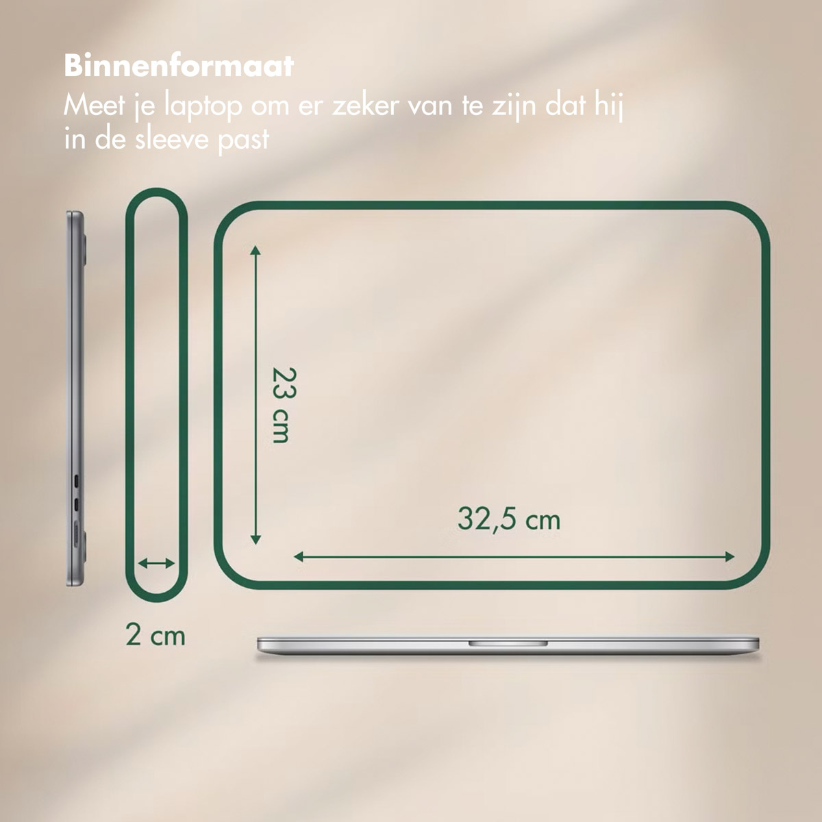 Image shows laptop dimensions: 23cm height, 32.5cm width, and 2cm thickness, with text, 'Measure your laptop to fit the sleeve'.