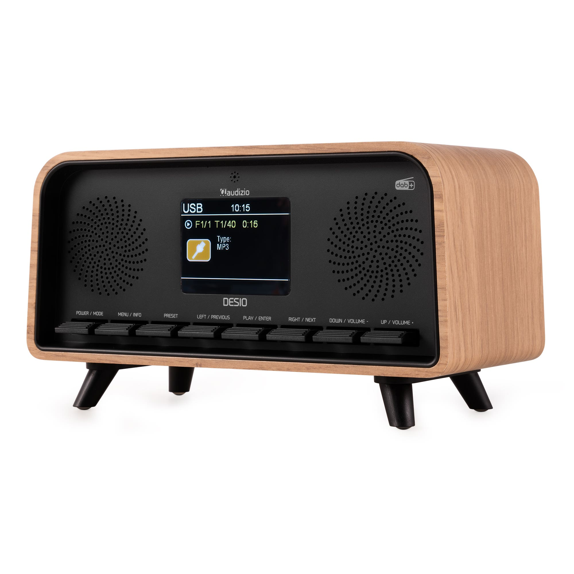 Ein Holzradio mit schwarzem Bildschirm, der USB-Informationen anzeigt. Es hat mehrere Tasten und steht auf vier Beinen.
