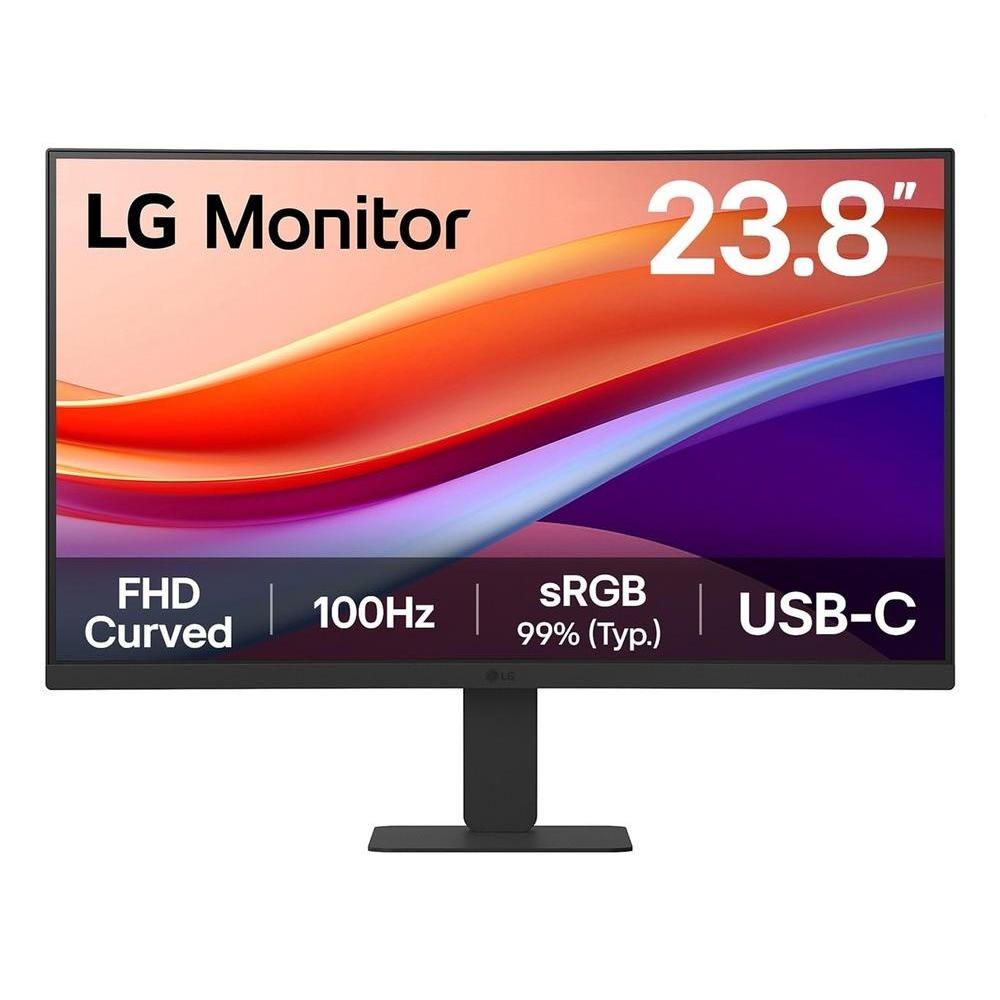 Un monitor LG. Tiene 23,8 pulgadas, es curvo, FHD, 100 Hz, sRGB 99% y tiene un puerto USB-C. El soporte es negro.